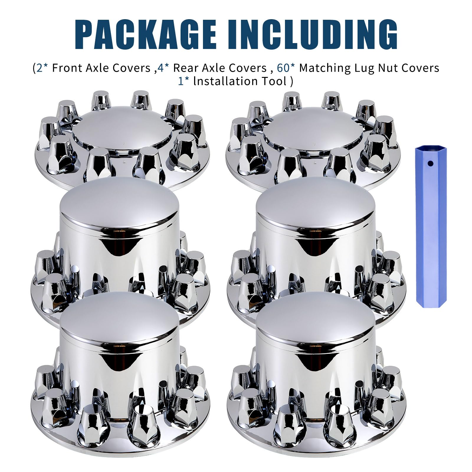 Chrome Semi Truck Wheel Covers - Set of 2 Front & 4 Rear Hub Covers with 33mm Thread-On Lug Nut Covers | Heavy Duty Protection & Style for Peterbilt, Kenworth, Freightliner | Installation Tool Included | Perfect for Long Haul Trucking & Fleet Maintenance