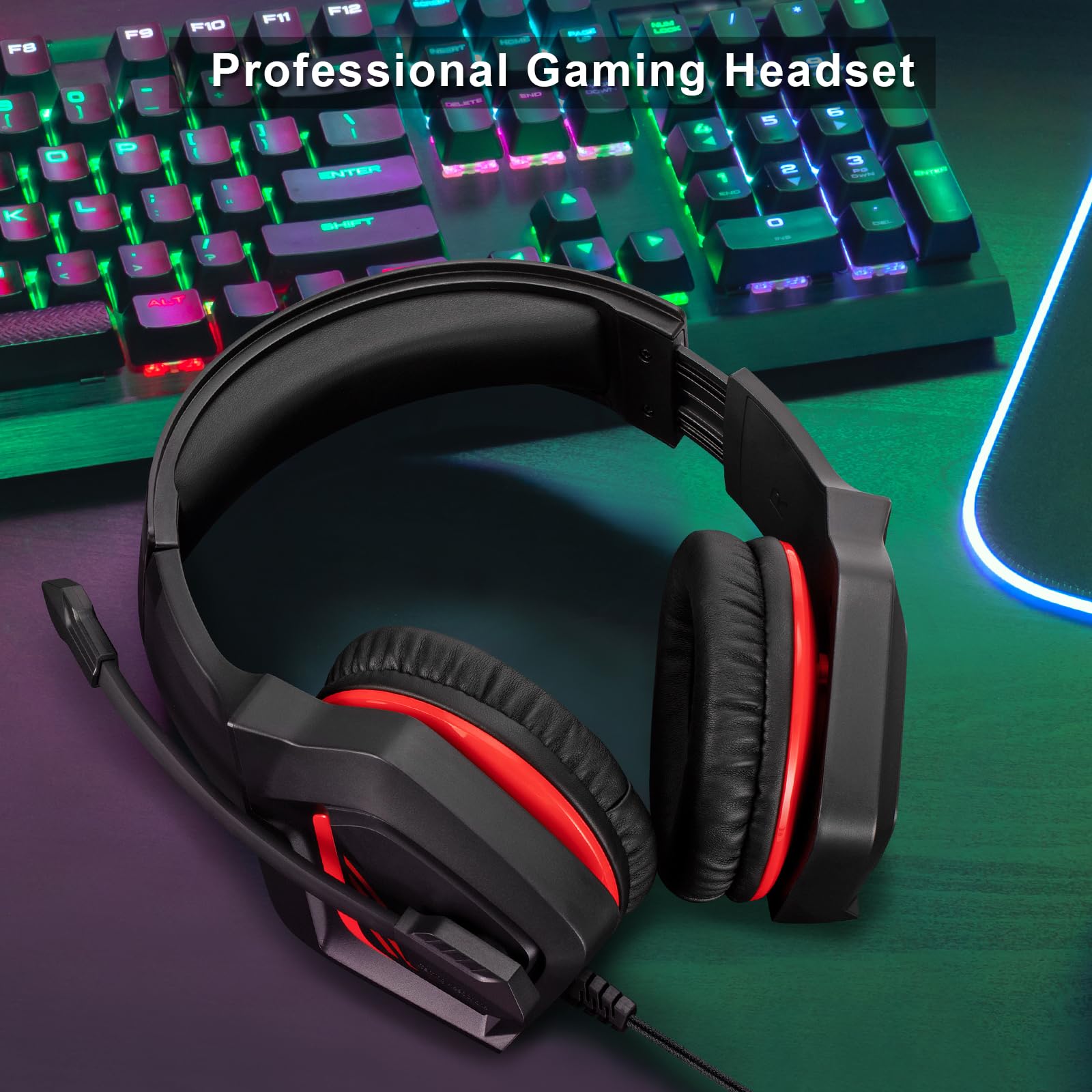 Stereo Wired Gaming Headset with Mic for PS4, PS5, Xbox One, PC, Laptop & Tablet - Over-Ear 3.5mm Headphones with Bass Surround & Soft Memory Earmuffs (Red & Black) - Perfect for Gaming, Streaming & Online Meetings