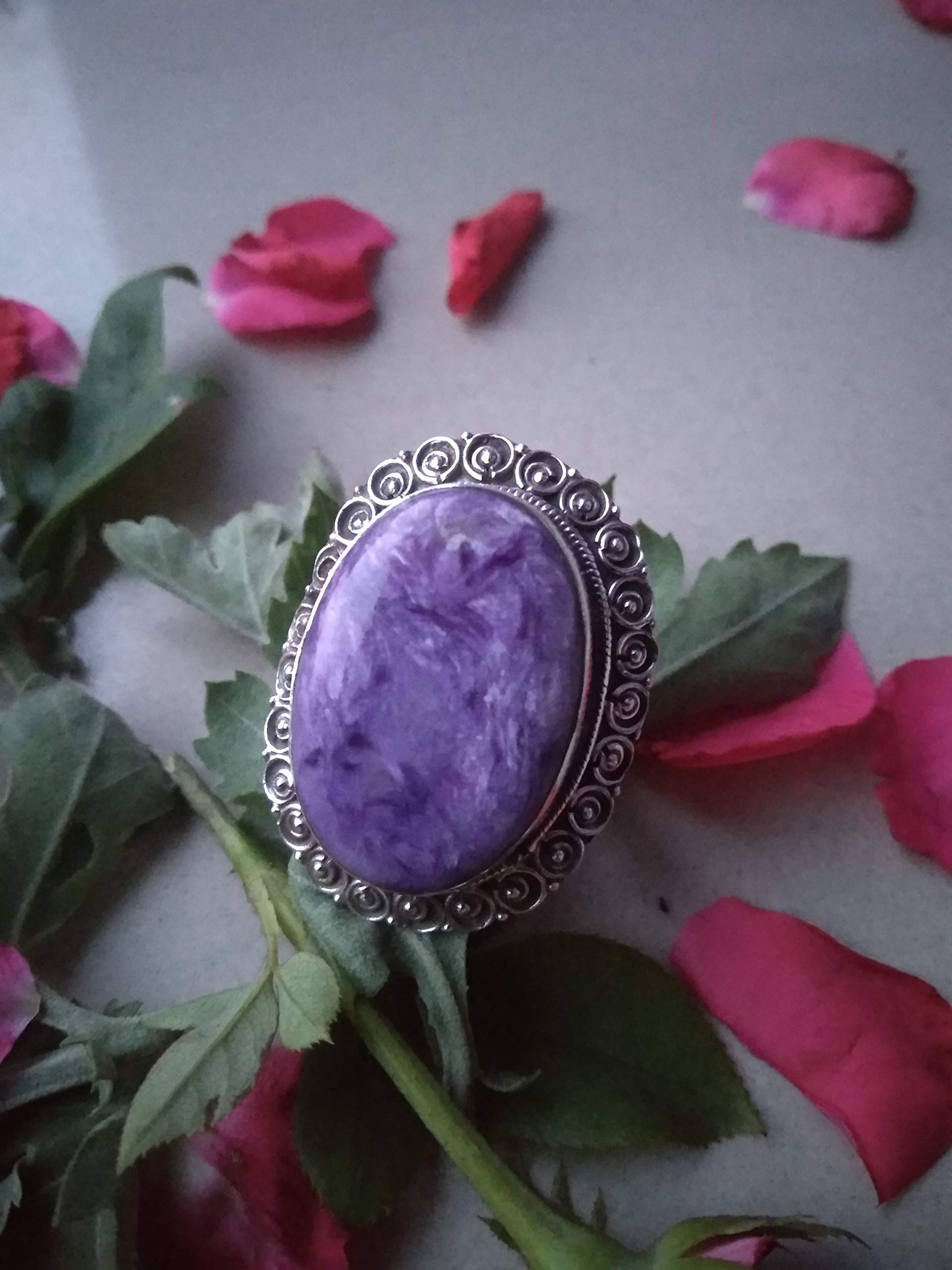 Handmade Charoite Silver Ring – Unique Oval Statement Ring, Nickel-Free Artisan Jewelry, Modern Classic Design for Anniversary Gifts & Special Occasions | Perfect for Weddings, Parties & Everyday Elegance