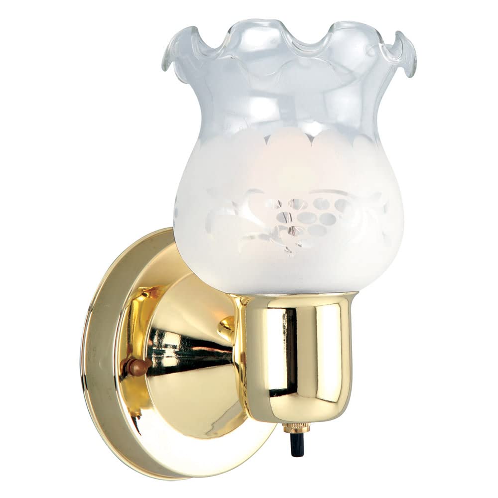 Design House 500975 Classic 1-Light Dimmable Wall Sconce - White Frosted Etched Glass Shade with Twist On/Off Switch - Polished Brass Finish - Perfect for Hallway, Foyer & Bathroom Lighting