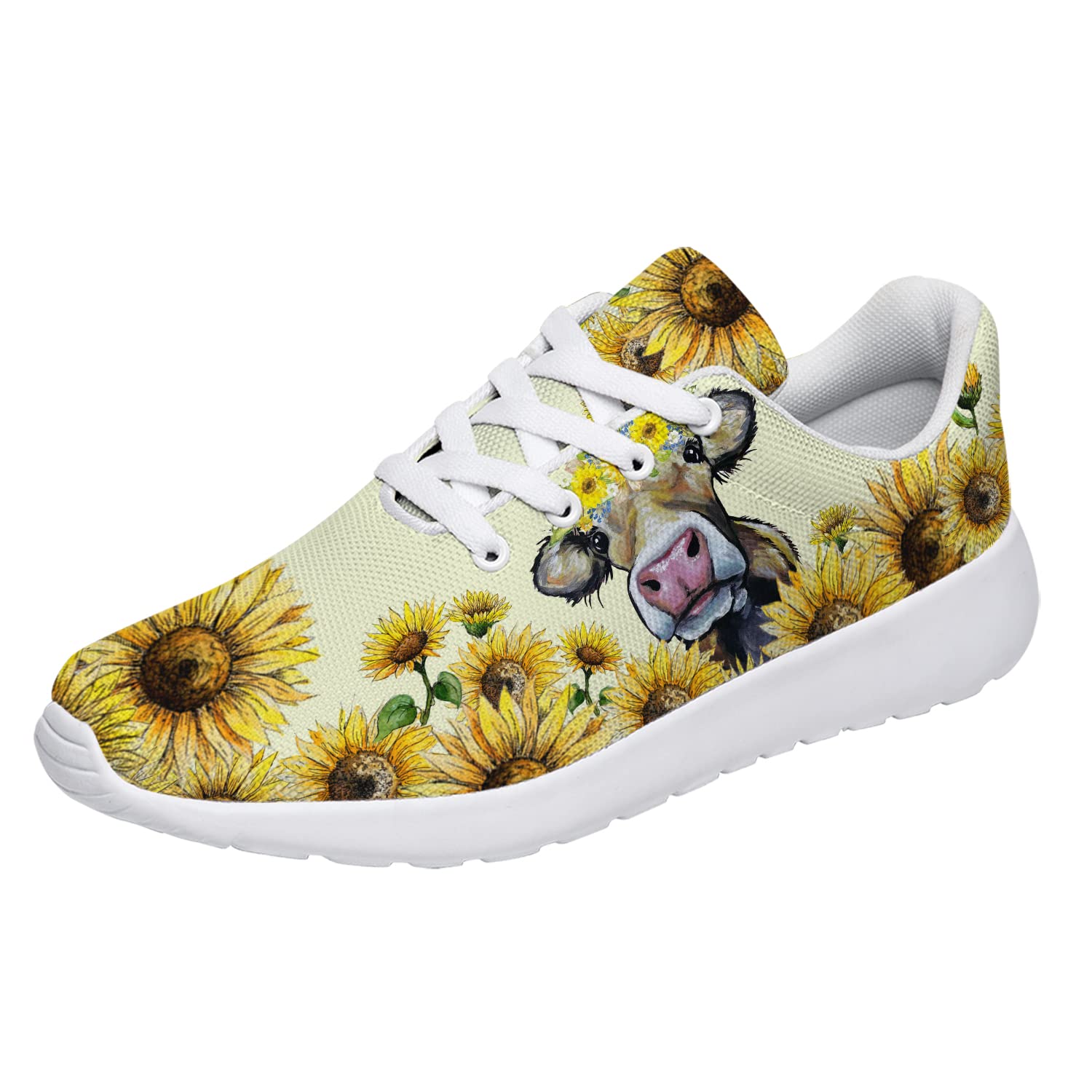 Women's Cow Print Sneakers - Yellow Sunflower Floral Running Shoes for Women & Girls - Comfortable Walking Tennis Shoes - Perfect Gift for Friends - US Size 10 Women/8.5 Men - Ideal for Casual Wear, Jogging & Outdoor Activities
