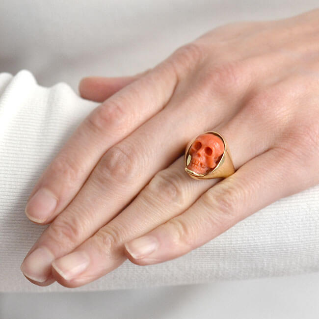 Hand Carved 18kt Gold Victorian Style Natural Coral Skull Ring for Men & Women - Gothic Jewelry, Unique Statement Piece for Halloween, Parties & Alternative Fashion