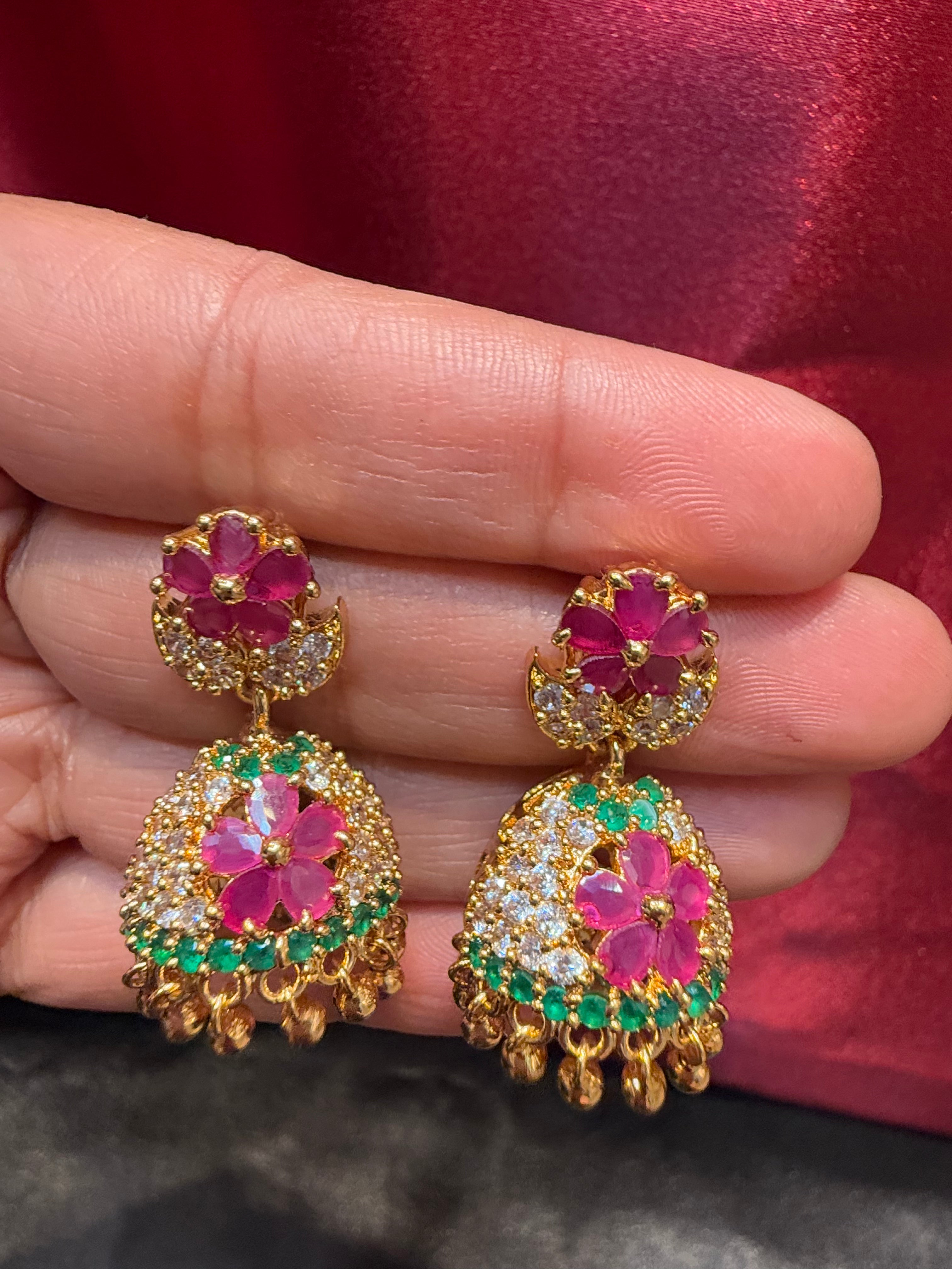 Exquisite Gold Plated Jhumka Earrings with Pink & Green Gemstones Floral Design for Women | Indian Ethnic Jewelry for Weddings, Parties & Festive Occasions