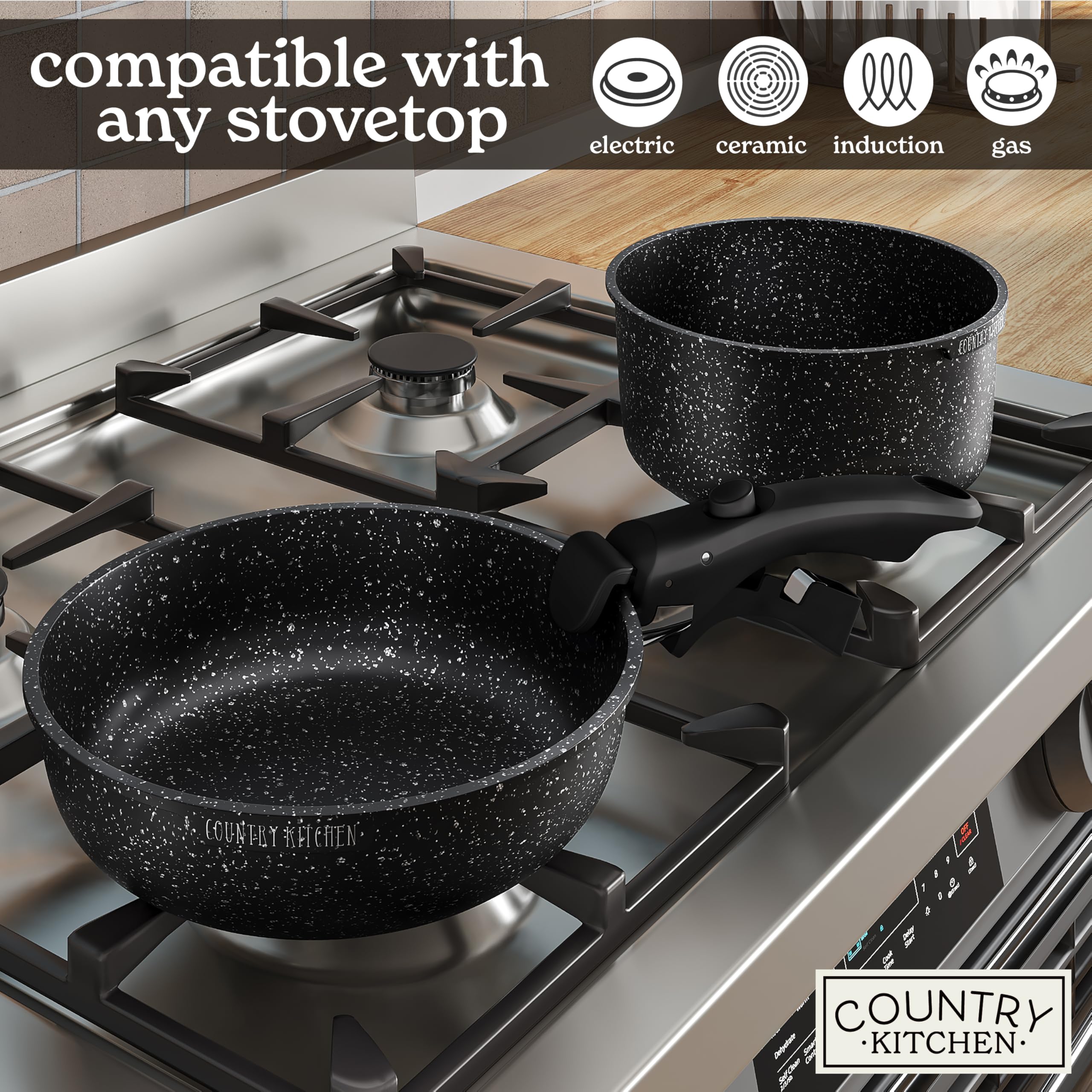 **Premium Country Kitchen Cookware Set with Removable Handle - Oven & RV Safe Nonstick Pots and Pans Set in Black - Ideal for Home Cooking, Camping & RV Travel**