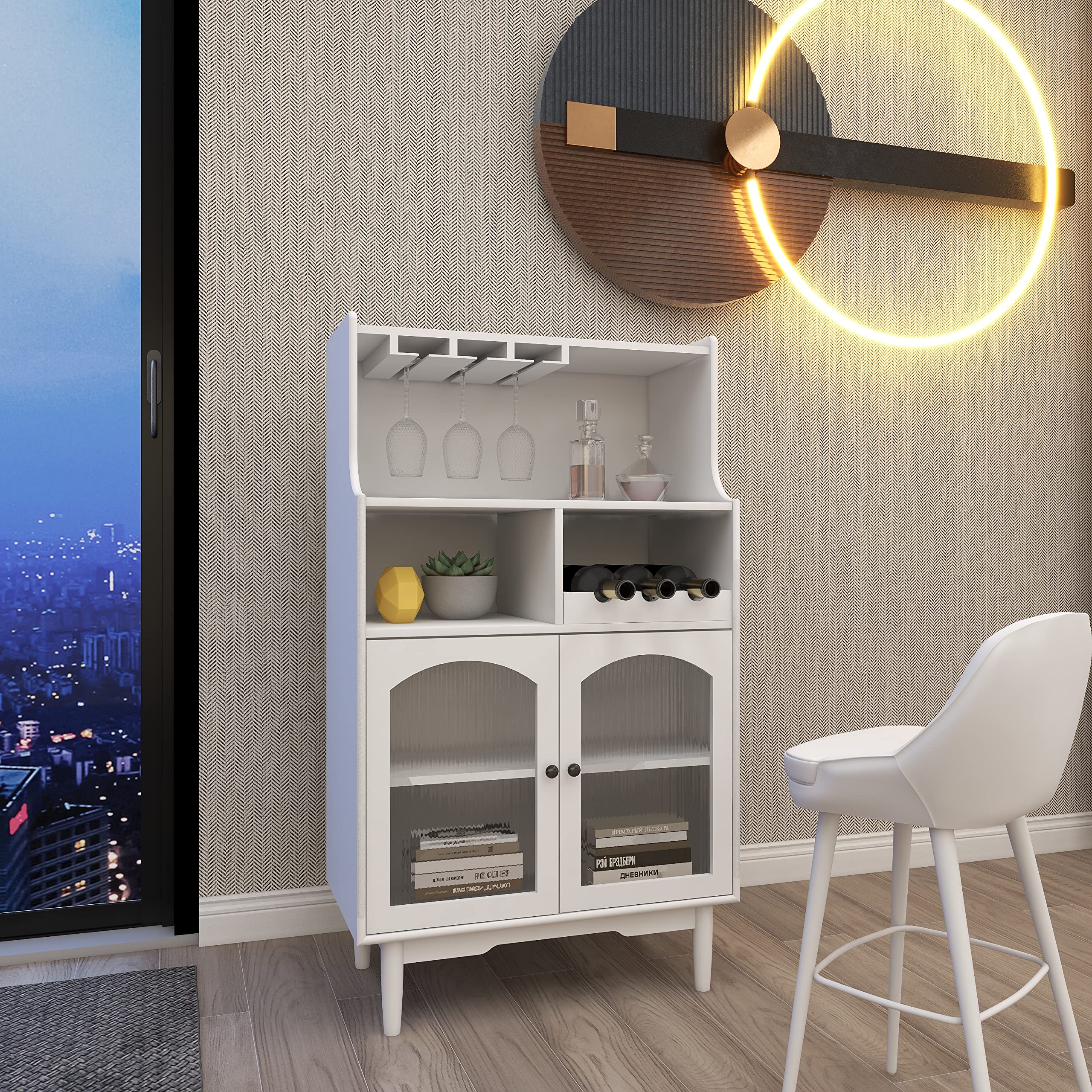 Loscear Solid Wood Liquor Bar Cabinet with Glass Door & Removable Wine Rack - Home Bar Storage for Wine Bottles, Glasses & Spirits - Perfect for Dining Room, Living Room or Home Bar Setup