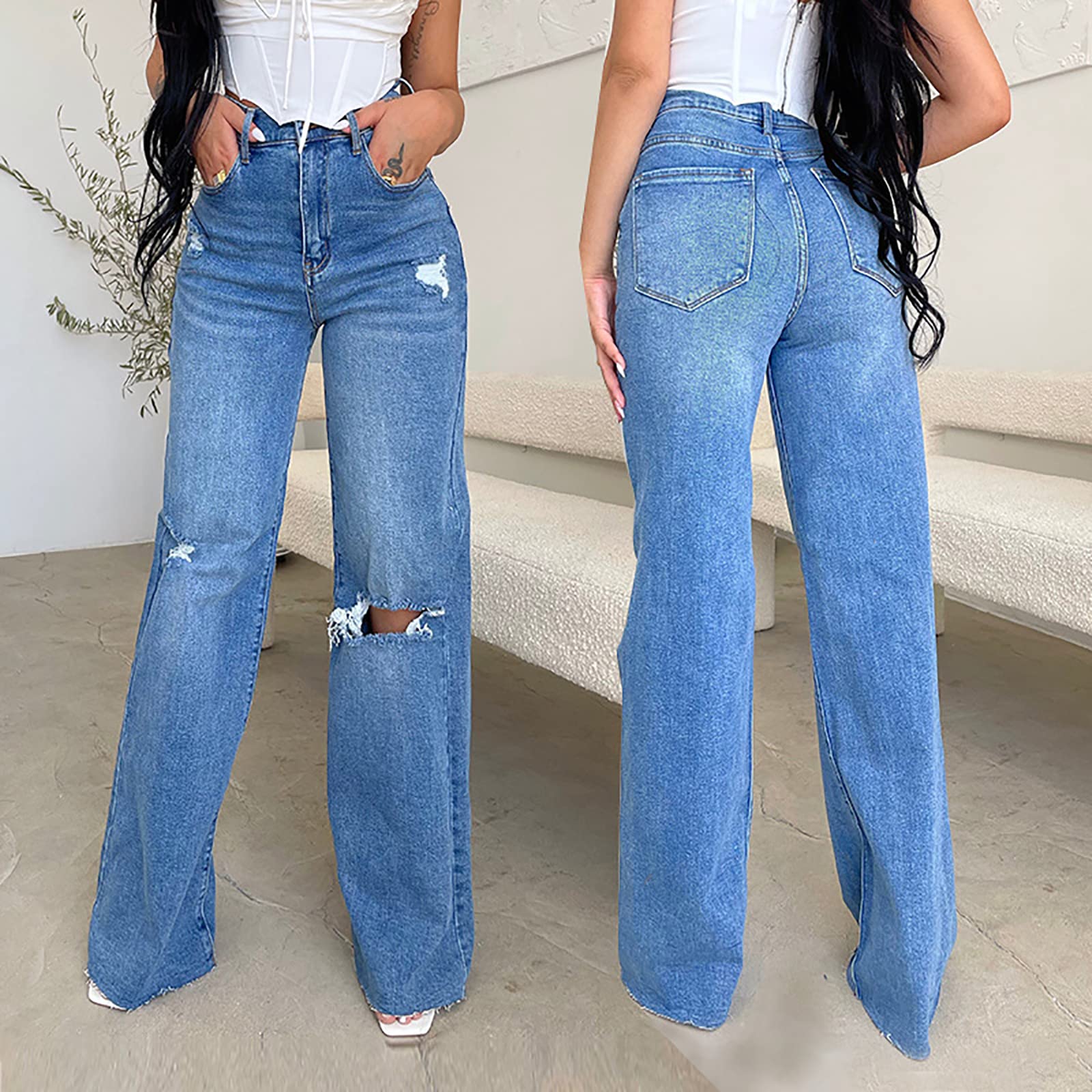 Women's Ripped High Waisted Baggy Jeans - Distressed Straight Leg Denim Pants for Casual Outfits & Streetwear Fashion | Perfect for Everyday Wear, Parties and Trendy Looks