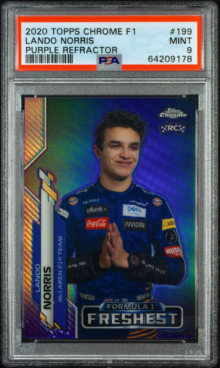 PSA 9 Lando Norris #199 Purple Refractor Rookie Card 296/399 - Collectible Trading Card for F1 Fans, Perfect for Display & Investment