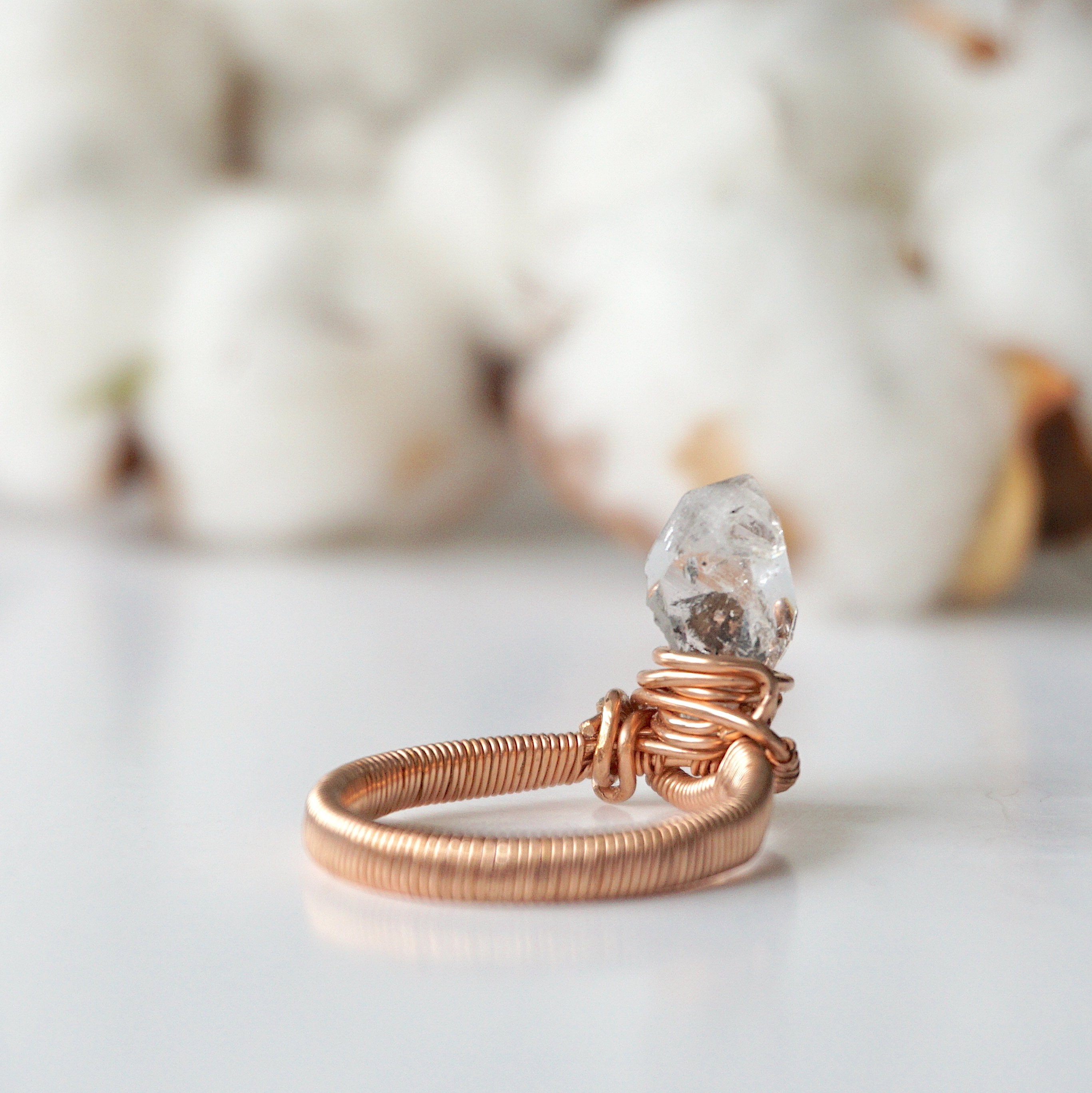 14K Rose Gold Herkimer Diamond Ring - Raw Natural Gemstone Jewelry for Women, Elegant Handmade Engagement & Wedding Band, Perfect for Everyday Wear & Special Occasions