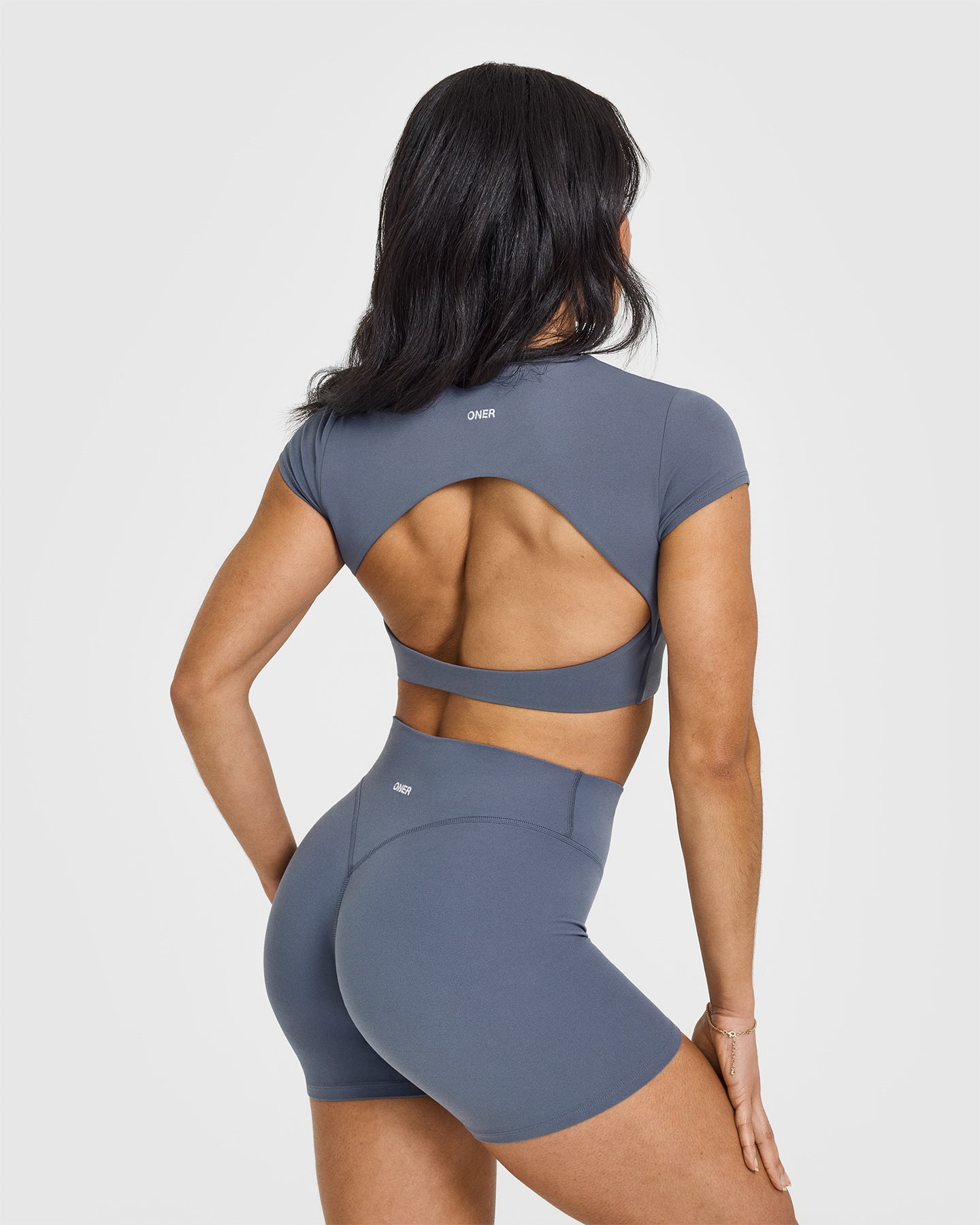 SoftMotion™ Short Sleeve Crop Top for Women - Breathable Stretchy Workout Shirt in Granite Blue | Yoga, Gym & Casual Wear