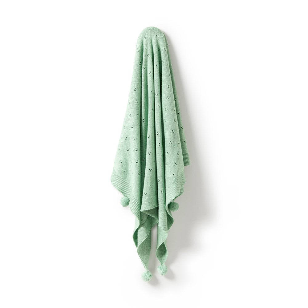 Soft Mint Green Knitted Pointelle Blanket - Breathable & Cozy Throw for Bed, Couch, Nursery - Perfect for Gifts, Home Decor, and Relaxation