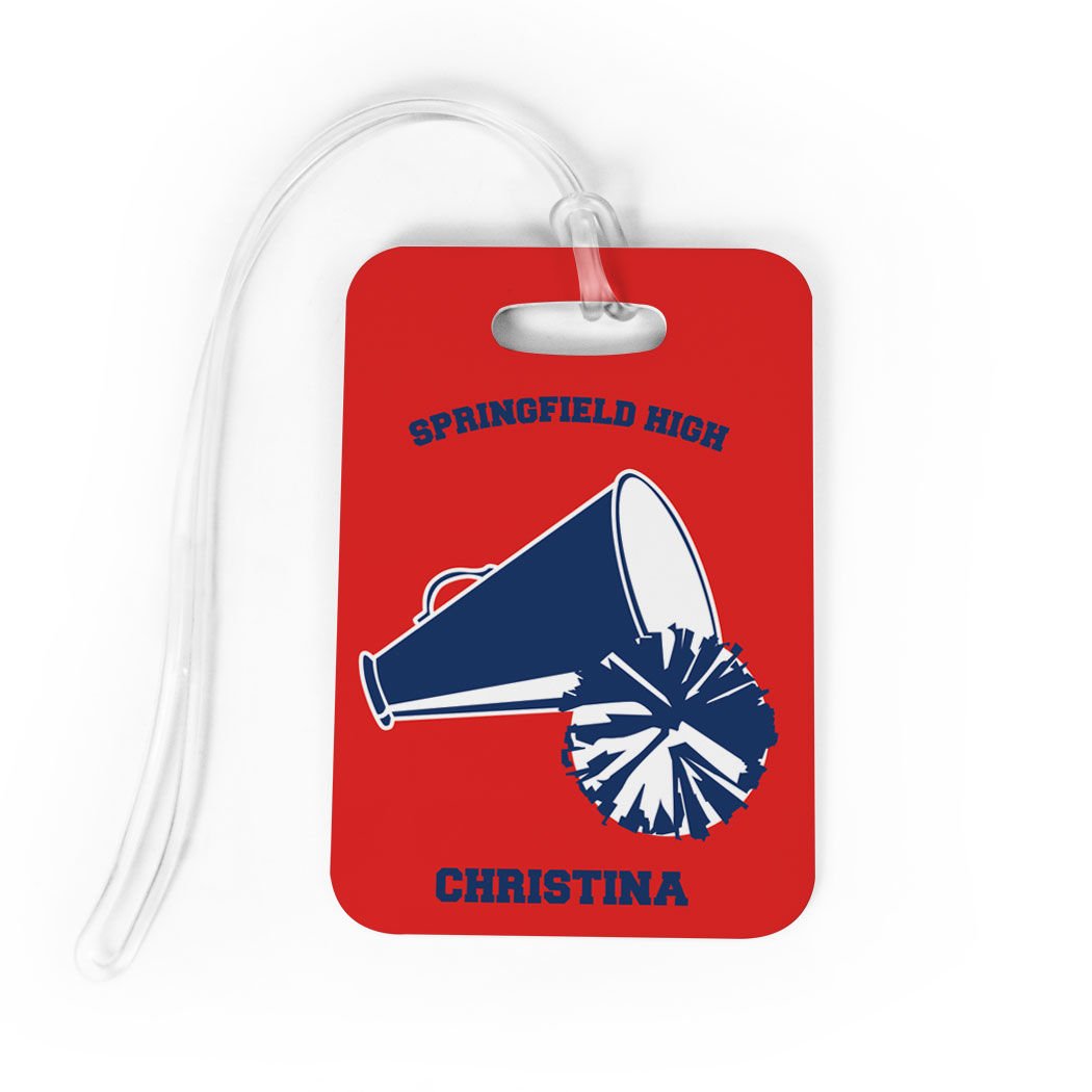 Personalized Cheerleading Luggage Tag - Cheer Team Pom Pom & Megaphone Design | Medium Size Red & Navy Bag Tag for Cheer Competitions & Travel