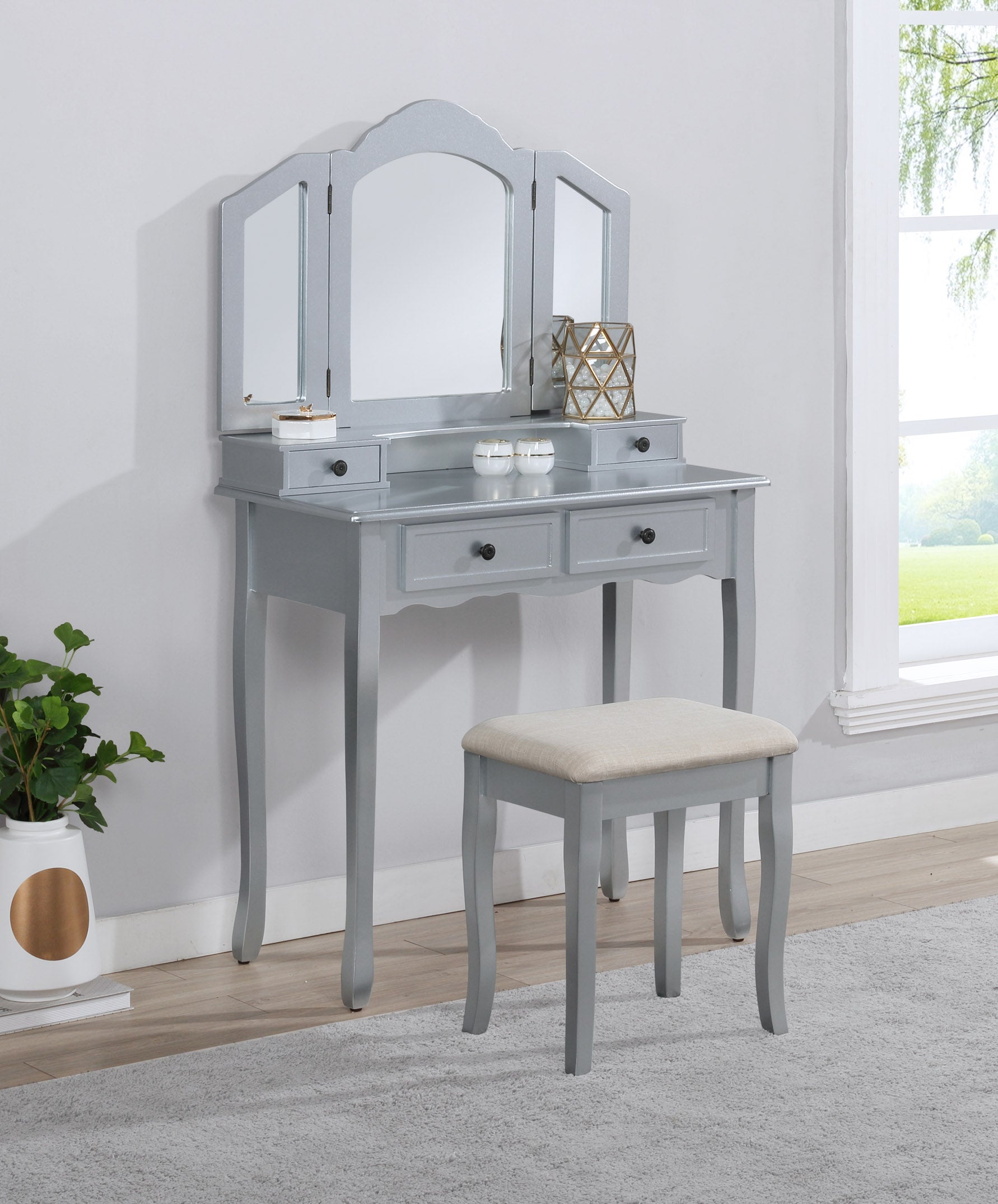 Roundhill Furniture Sanlo Wooden Vanity Set with Stool - Silver Finish Makeup Dressing Table for Bedroom & Bathroom | Elegant Vanity Desk with Mirror for Women & Girls