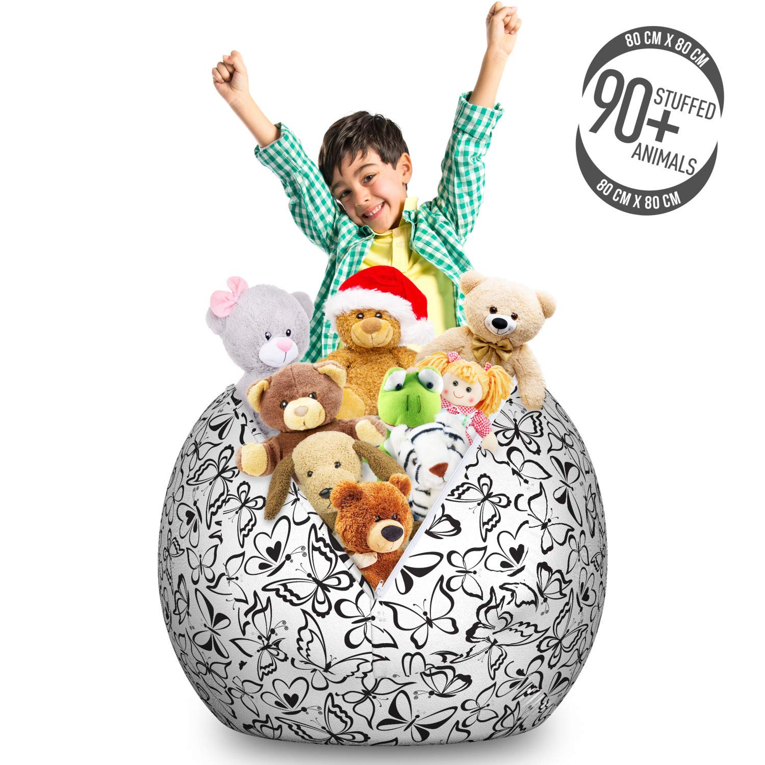 Ambesonne Large Washable Stuffed Animal Storage Bag Chair - Butterfly Pattern Freedom Sign Feminine Design, White and Black Toy Organizer for Kids' Room, Playroom & Nursery Decor