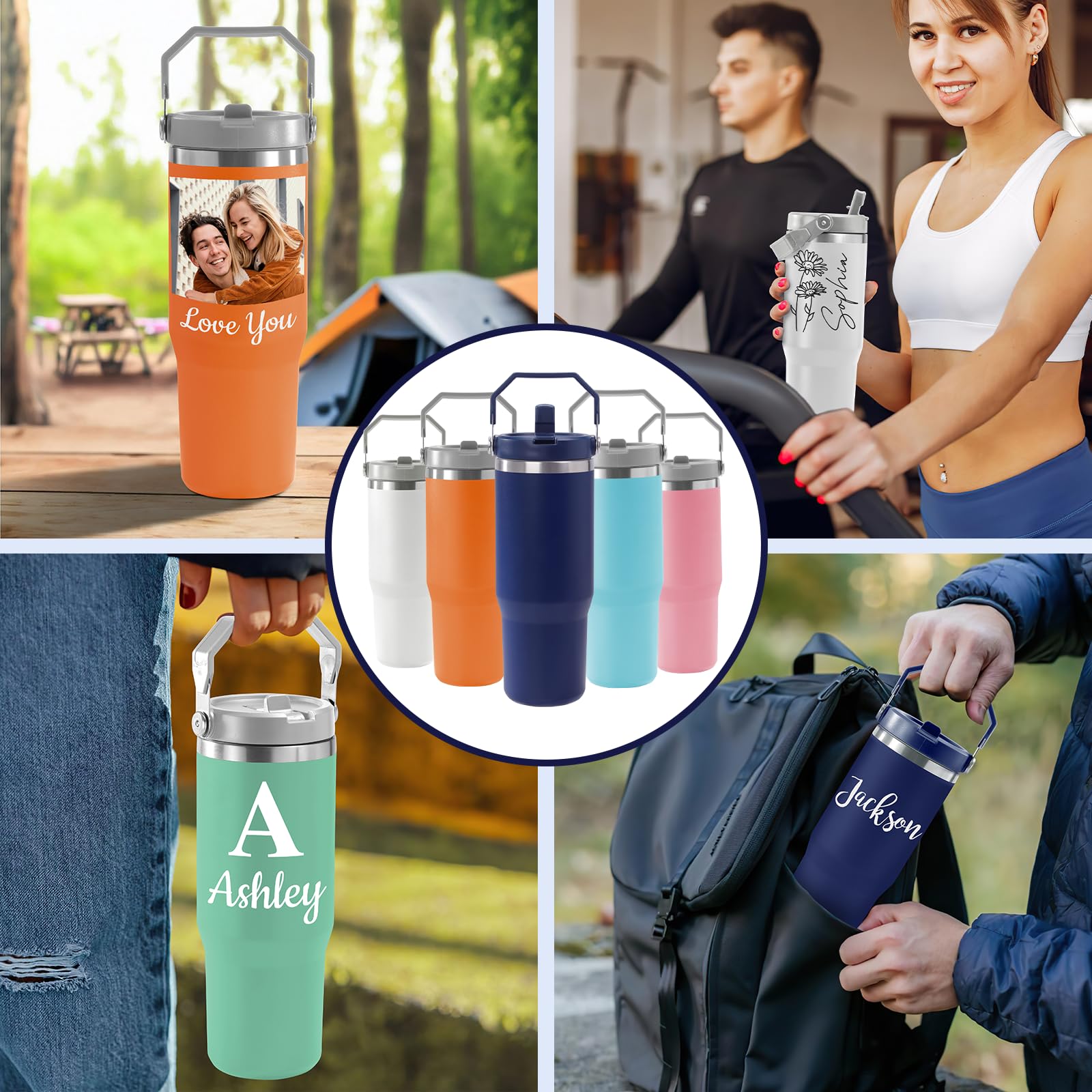 **Personalized 30 oz Stainless Steel Tumbler with Handle & Flip Straw - Custom Name & Photo Insulated Water Bottle - Leakproof for Home, Office, Gym, Travel - Great Gift for Men & Women**
