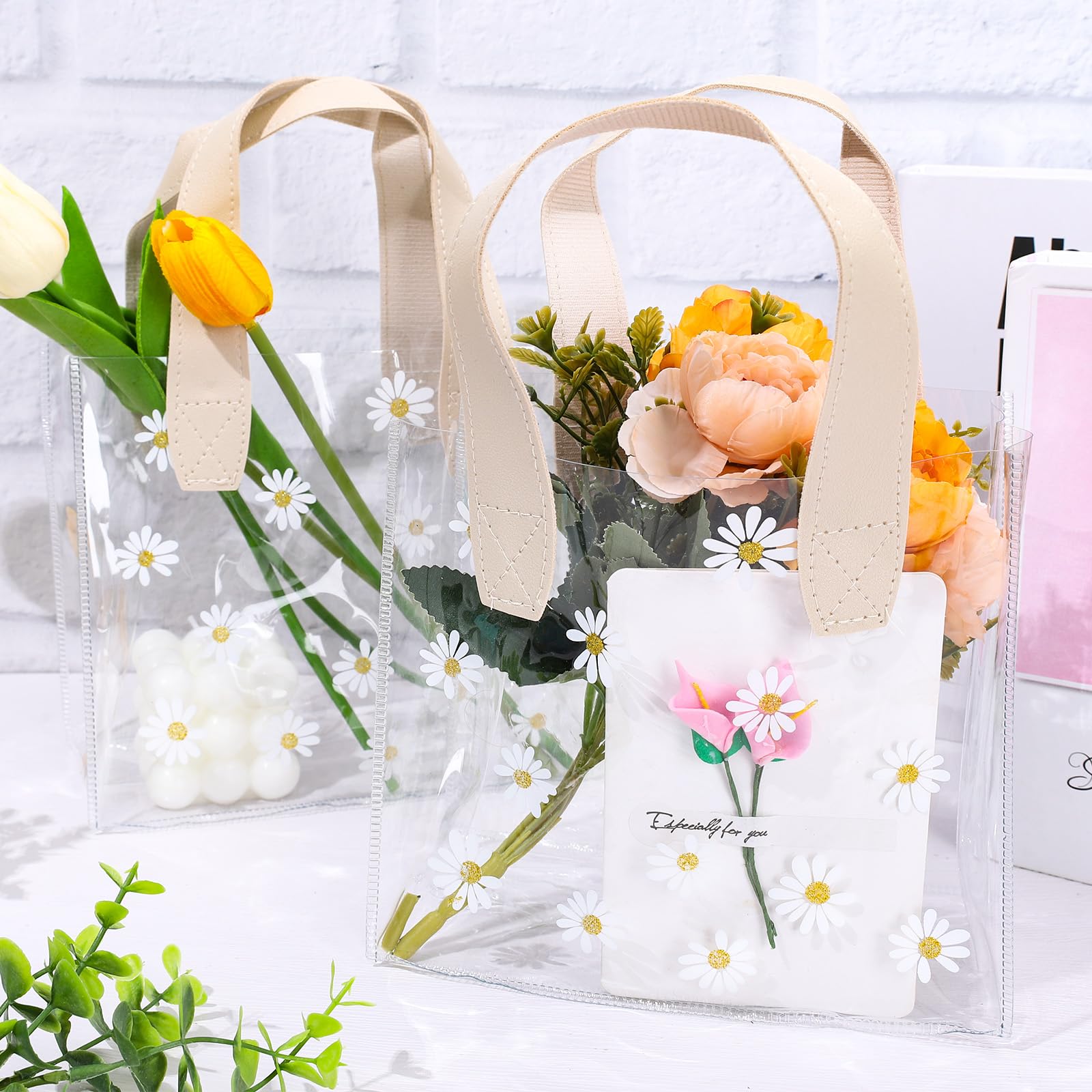 12Pcs Clear PVC Gift Bags with Handles - Daisy Flower Transparent Party Favor Bags for Bridesmaid Gifts, Valentines, Mother's Day, Wedding, Birthday & Baby Shower - Reusable Treat Bags for Candy, Jewelry & Small Gifts