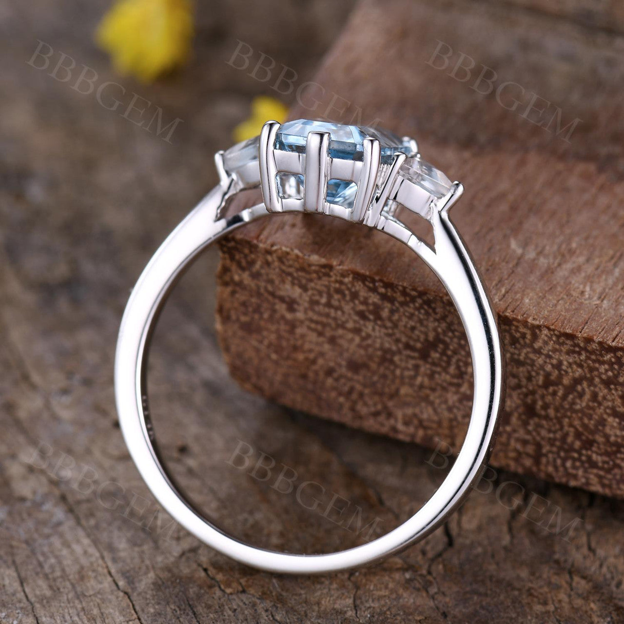 Three Stone Aquamarine Engagement Ring with White Topaz Triangle Accents in 18K Gold - Perfect for Proposals, Anniversaries & Bridal Jewelry