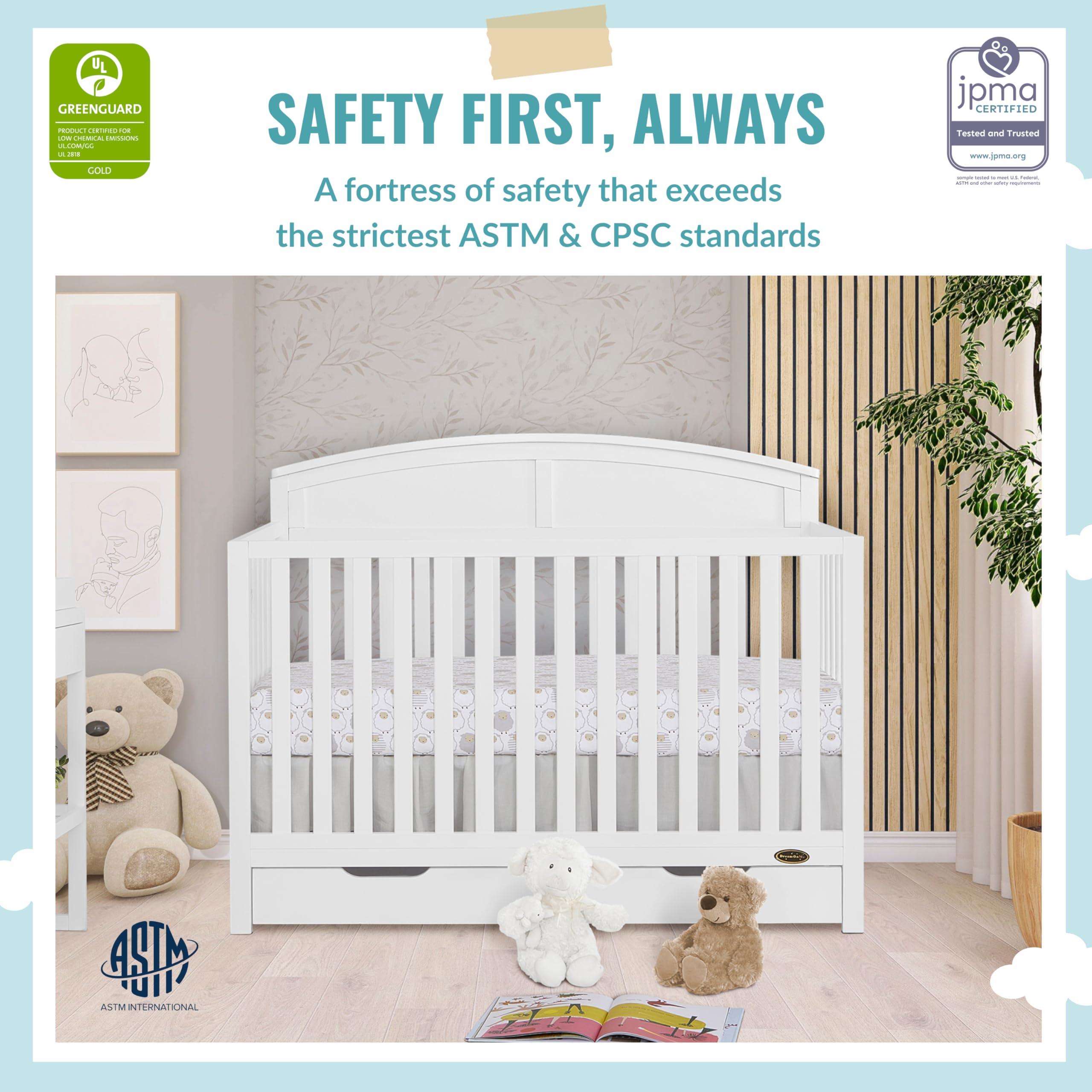 Dream On Me Storybrooke 5-in-1 Convertible Baby Crib with Storage Drawer - White | JPMA & Greenguard Gold Certified | Sustainable Pinewood Construction | Non-Toxic Water-Based Paint | Nursery Furniture for Newborns & Toddlers | Perfect for Small Spaces & Modern Nurseries