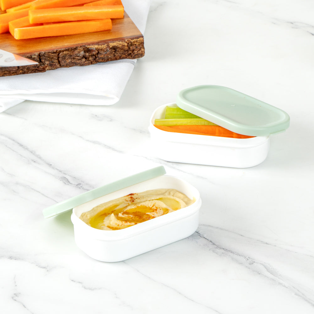 Bento Tek 3 oz White Buddha Box Snack & Sauce Container with Green Lid - 4 Pack (3.75
