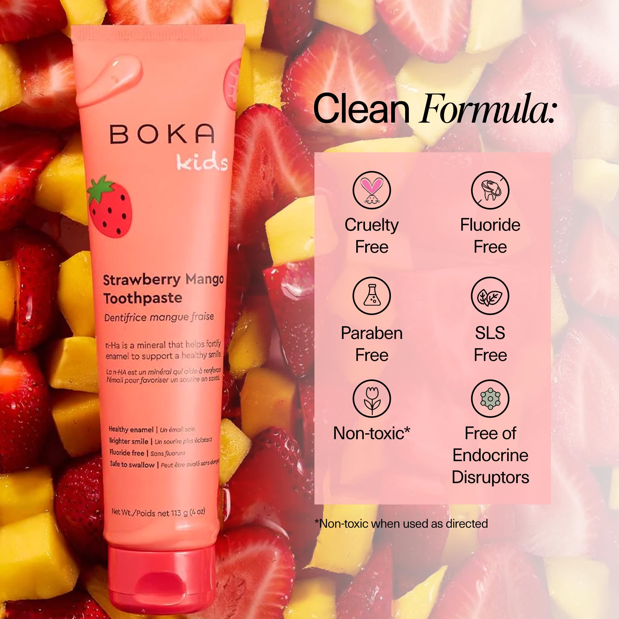 Boka Fluoride-Free Nano Hydroxyapatite Toothpaste for Sensitive Teeth - Remineralizing & Whitening Oral Care for Adults & Kids - Strawberry Mango Flavor, 4oz (US Made) - Perfect for Daily Brushing & Enamel Repair