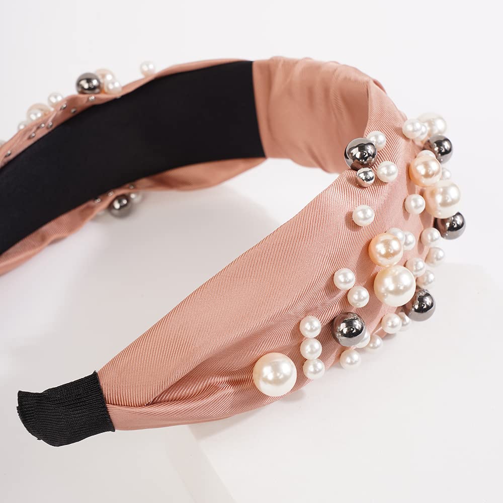 Wiwpar Pearl Knotted Headbands for Women - Fashion Wide Pearl Bead Headband, Boho Hair Accessories (Pink) | Perfect for Weddings, Parties & Everyday Style
