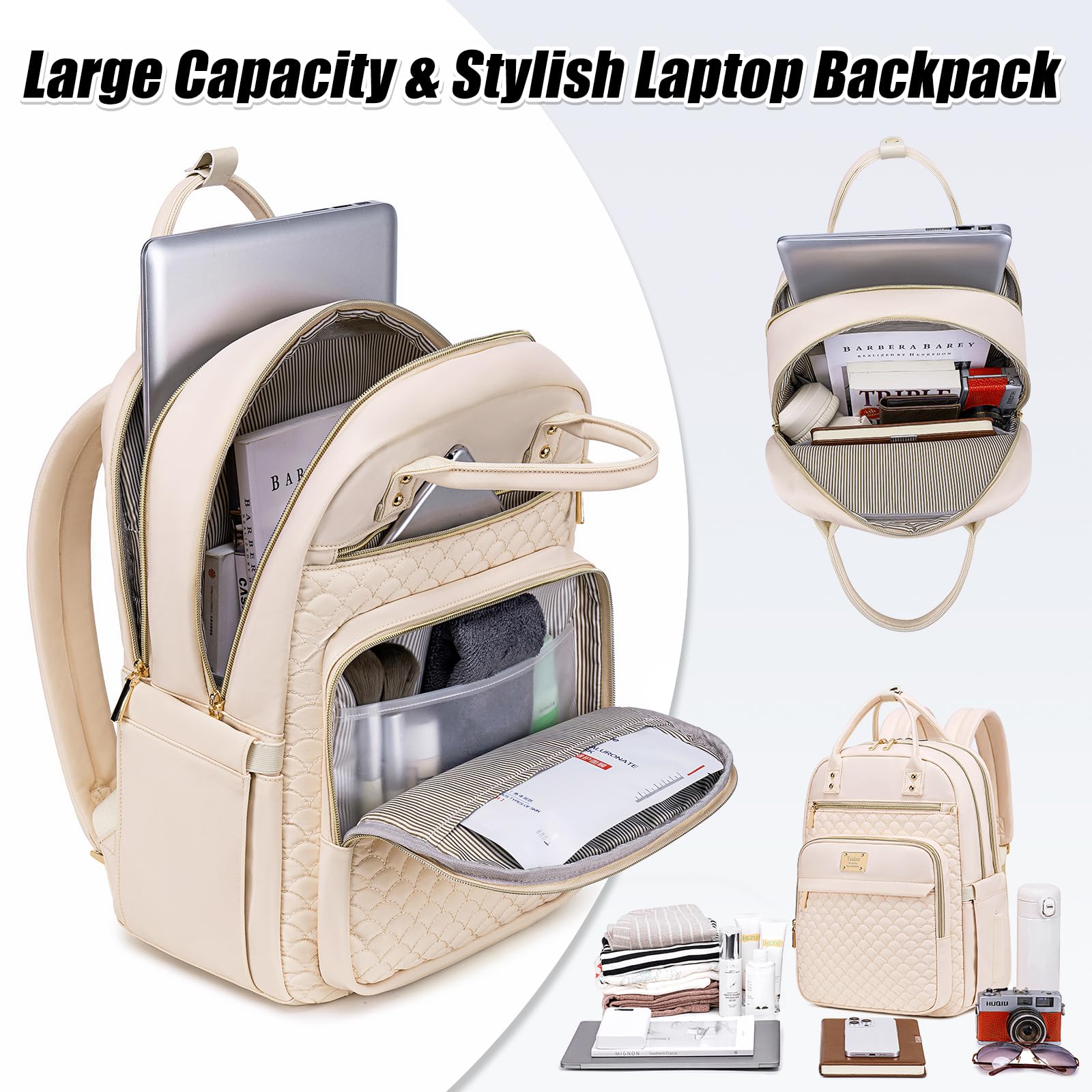 Stylish 15.6 Inch Water Resistant Laptop Backpack for Women - Durable Work & Travel Backpack with Wallet - Perfect for College, Business Trips & Commuting (Beige)
