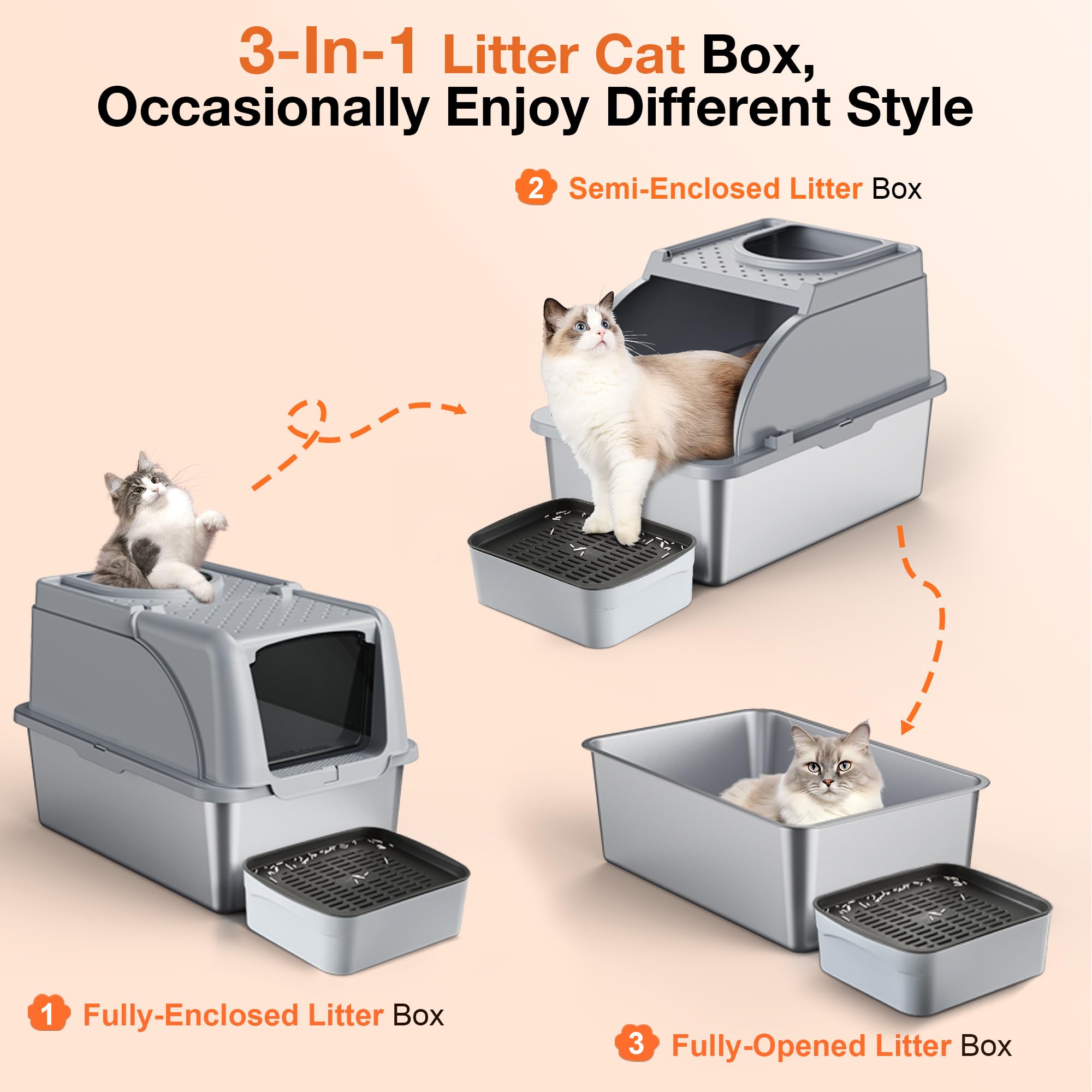 Premium Stainless Steel Cat Litter Box XXL - Large Covered Metal Litter Box with Dual Entrance & Detachable Lid, 16.6