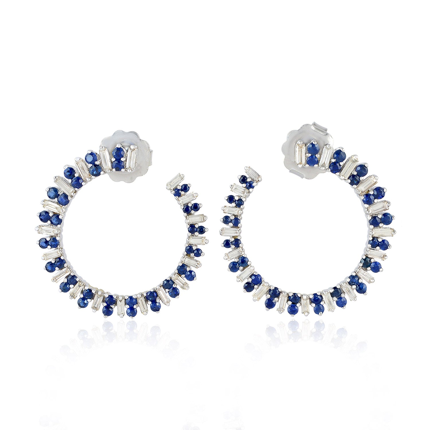 18K White Gold Round Blue Sapphire Hoop Earrings with Baguette Diamonds - Elegant Open Circle Design for Women, Perfect for Weddings, Parties & Special Occasions