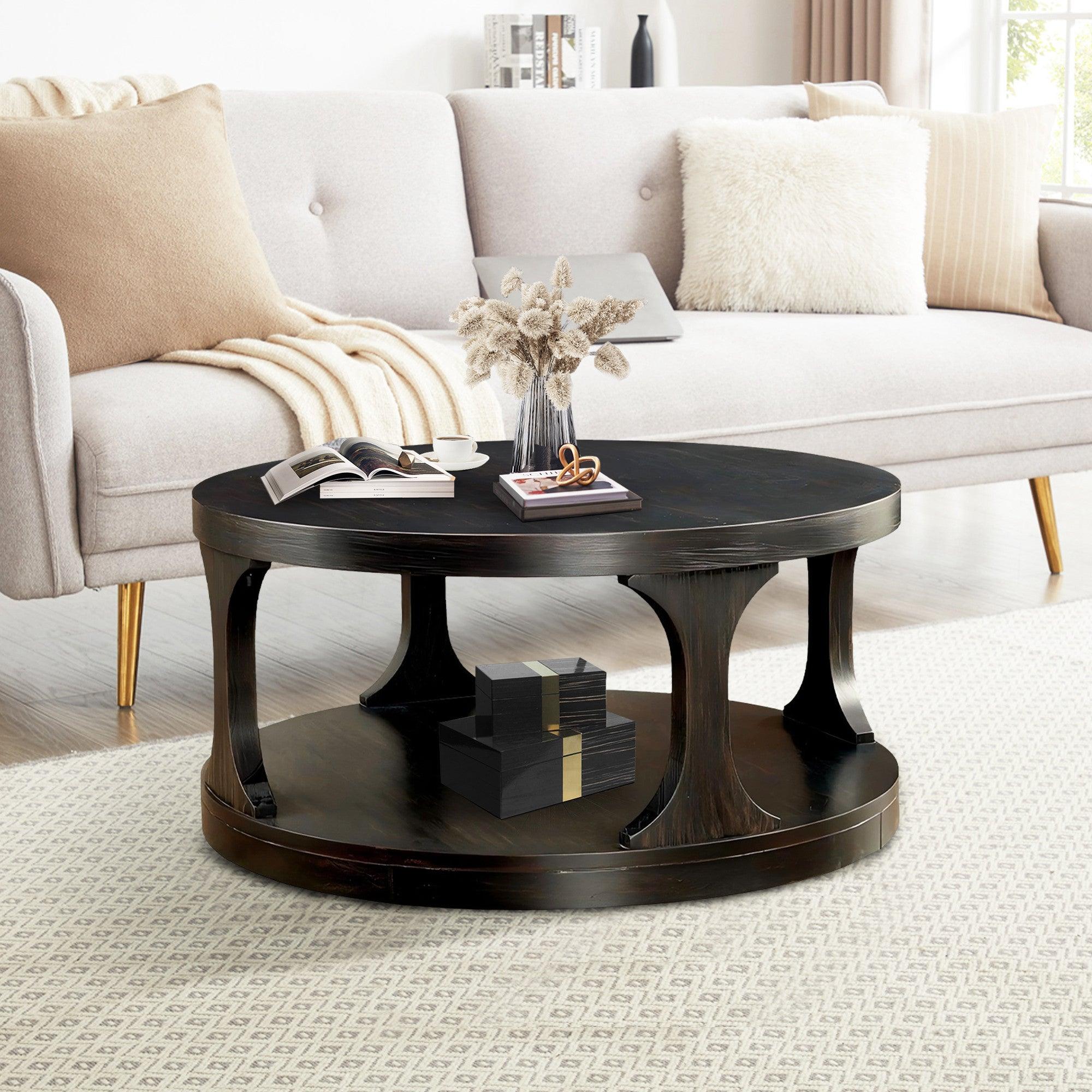 Antique Black Round Coffee Table with Open Shelf - 18 Inch Height, Sturdy Structure for Living Room, Lounge & Office Use