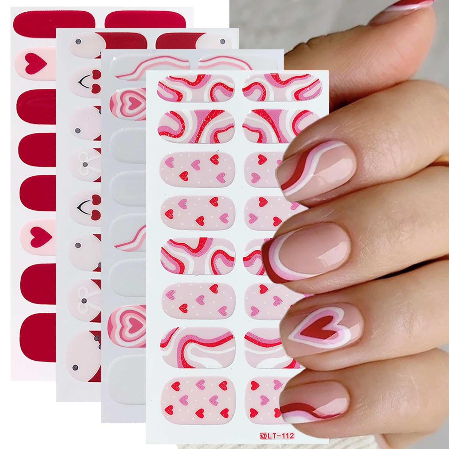 Valentine's Day Gel Nail Stickers - 4 Sheets Red Heart Glitter Nail Polish Strips with Cute Bow Design, Full Wrap DIY Nail Art Stickers for Women, Perfect for Date Night, Bridal Shower & Special Occasions