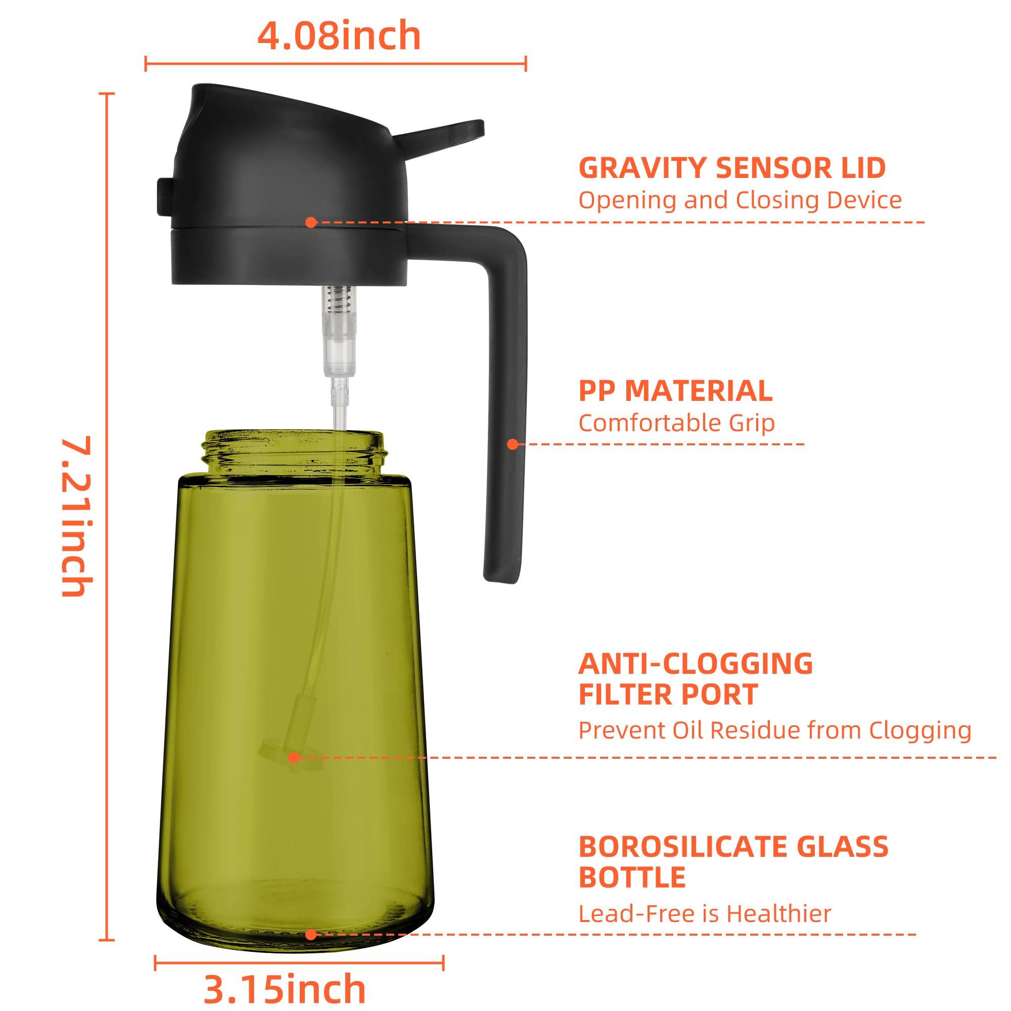 16oz (470ml) Olive Oil Dispenser & Sprayer Bottle - 2-in-1 Kitchen Oil Container with Brush - Lightproof Design for Cooking, Grilling, Salad Dressing & Baking - Perfect for Olive, Vegetable & Coconut Oils