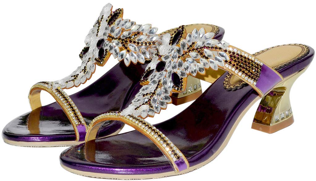 LizFoYa Women's Strappy Rhinestone Heeled Sandals - Summer Slip-On Party Heels for Beach, Wedding & Evening Events