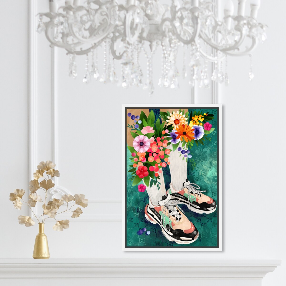 Stylish Floral Sneakers & Socks Set with Modern Green Framed Canvas Wall Art - Perfect for Bedroom Decor and Fashion Outfits | Home & Fashion Combo