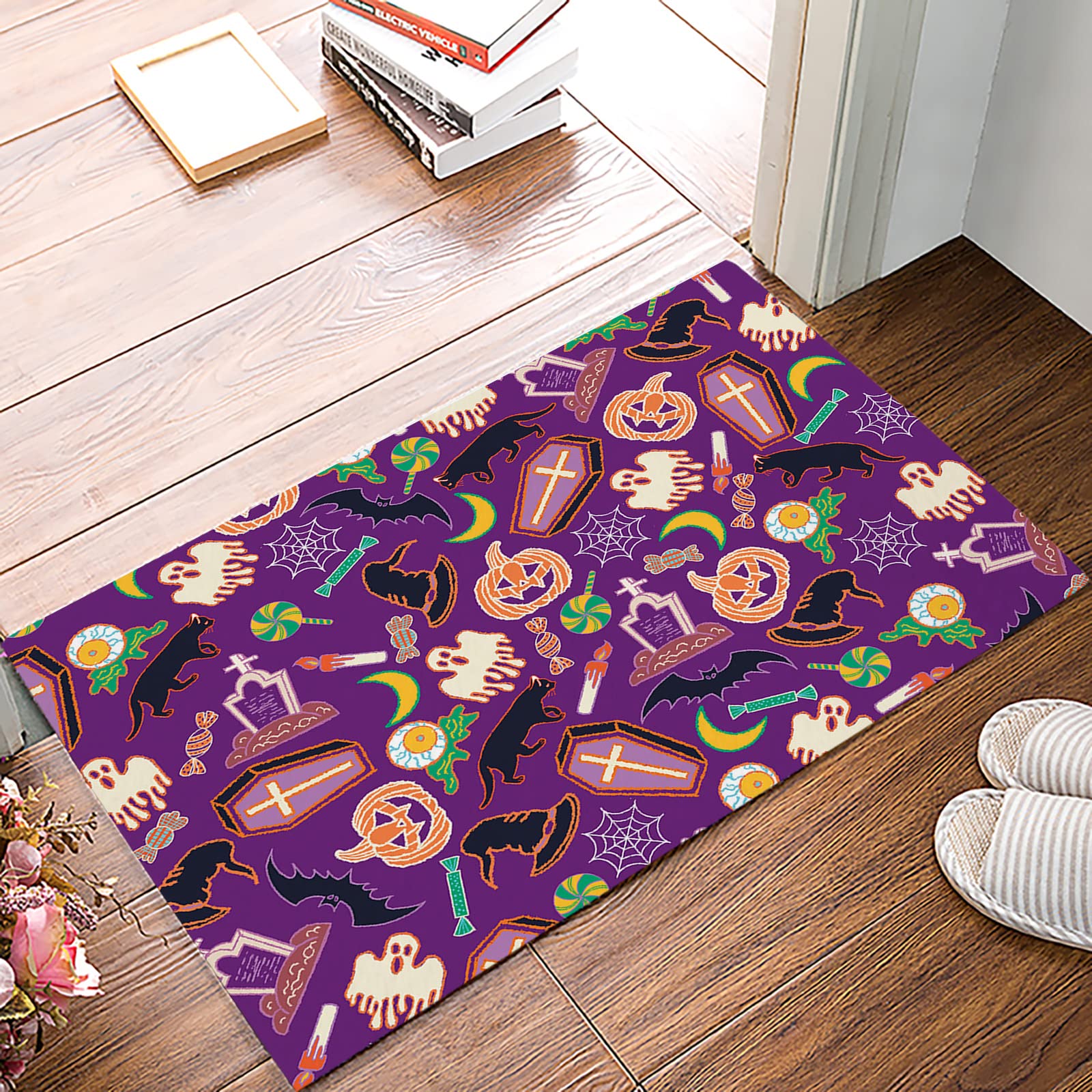 Halloween Doormat 16x24 Inch - Funny Pumpkin Ghost Bats Spider Web Design, Non-Slip Indoor Entrance Mat for Front Door, Kitchen & Bathroom - Anti-Fatigue Floor Rug for Home Decor (Purple) | Perfect for Halloween Party, Spooky Home Entrance & Seasonal Decor