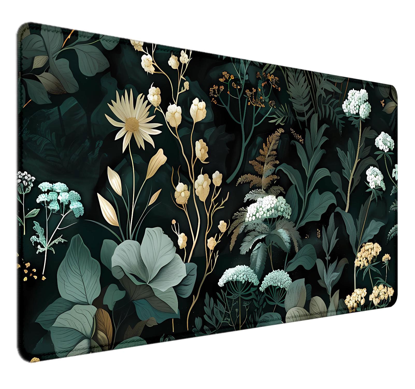 Green Floral XXL Desk Mat - Aesthetic Black Mouse Pad with Plant Design, Large Office Desk Accessory for Work & Gaming - Perfect Gift for Home & Workspace