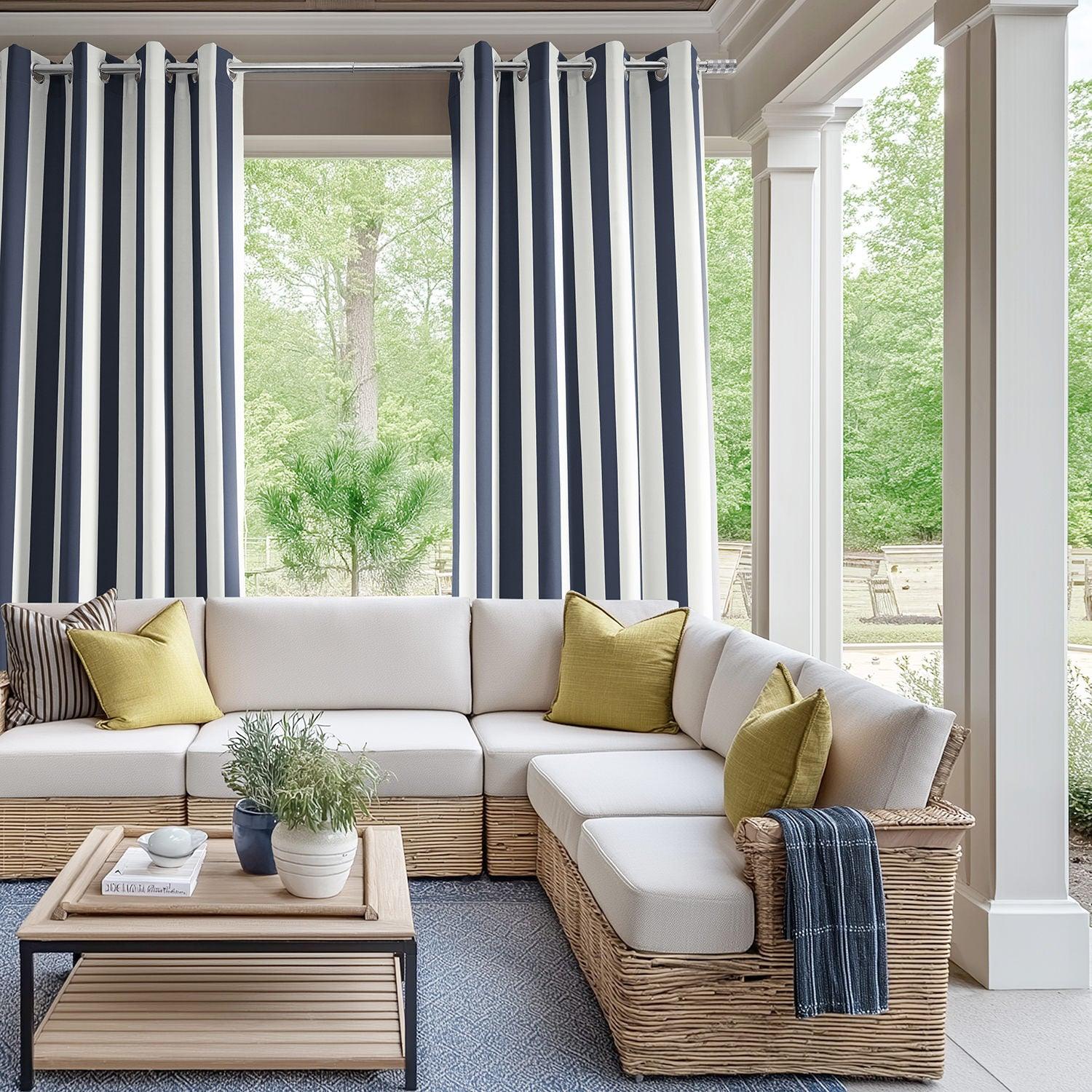 Nautical Navy Blue Striped Grommet Villanova Outdoor Curtains - Waterproof Sun Shade Patio Curtains for Porch, Deck, Poolside & Backyard