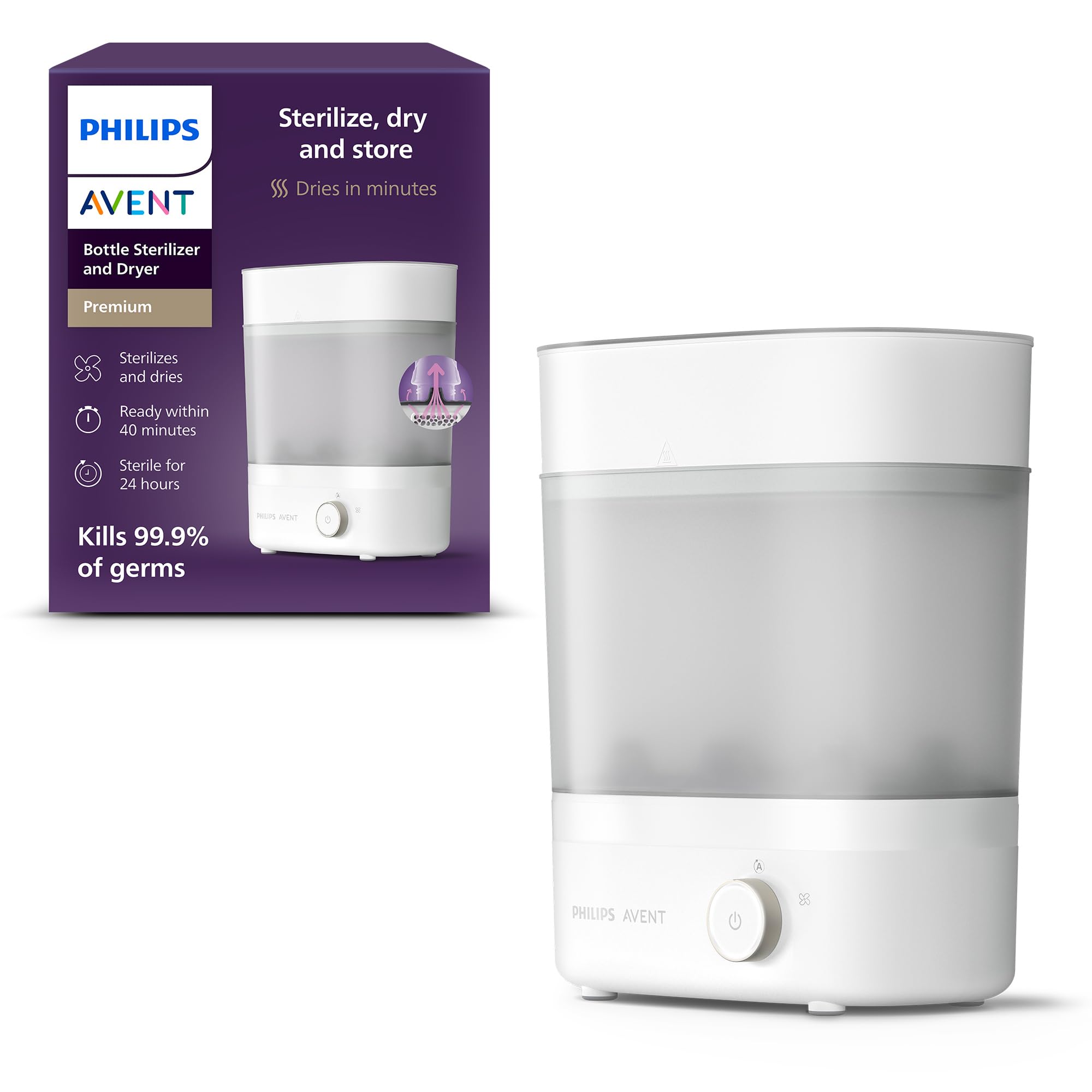 Philips Avent Premium Baby Bottle Sterilizer and Dryer - Kills 99.9% of Germs, Chemical-Free, 6 Bottle Capacity with Space-Saving Design (Model SCF293) - Perfect for Newborn Care and Travel Baby Essentials