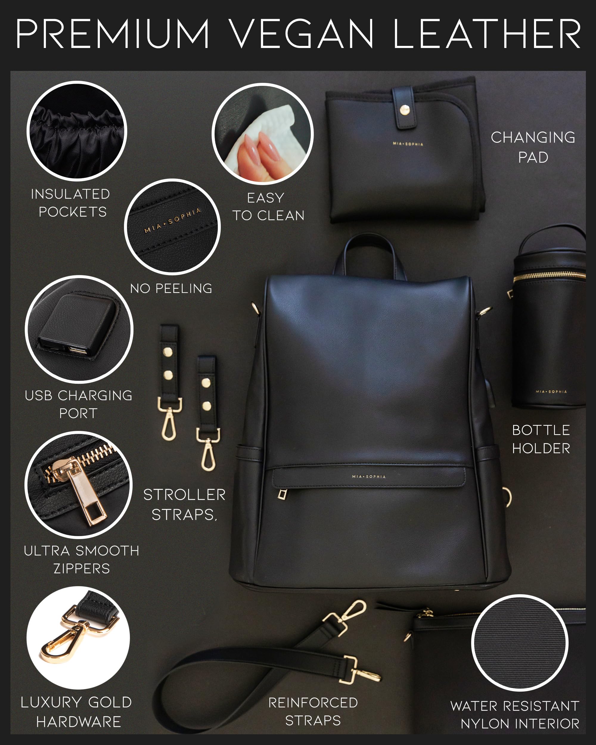 Premium Leather Diaper Bag Backpack with USB Charging Port, Insulated Bottle Pockets & Stroller Straps - Large Travel Baby Changing Bag with Removable Pad (Black) - Perfect for New Parents, Daycare & Family Outings
