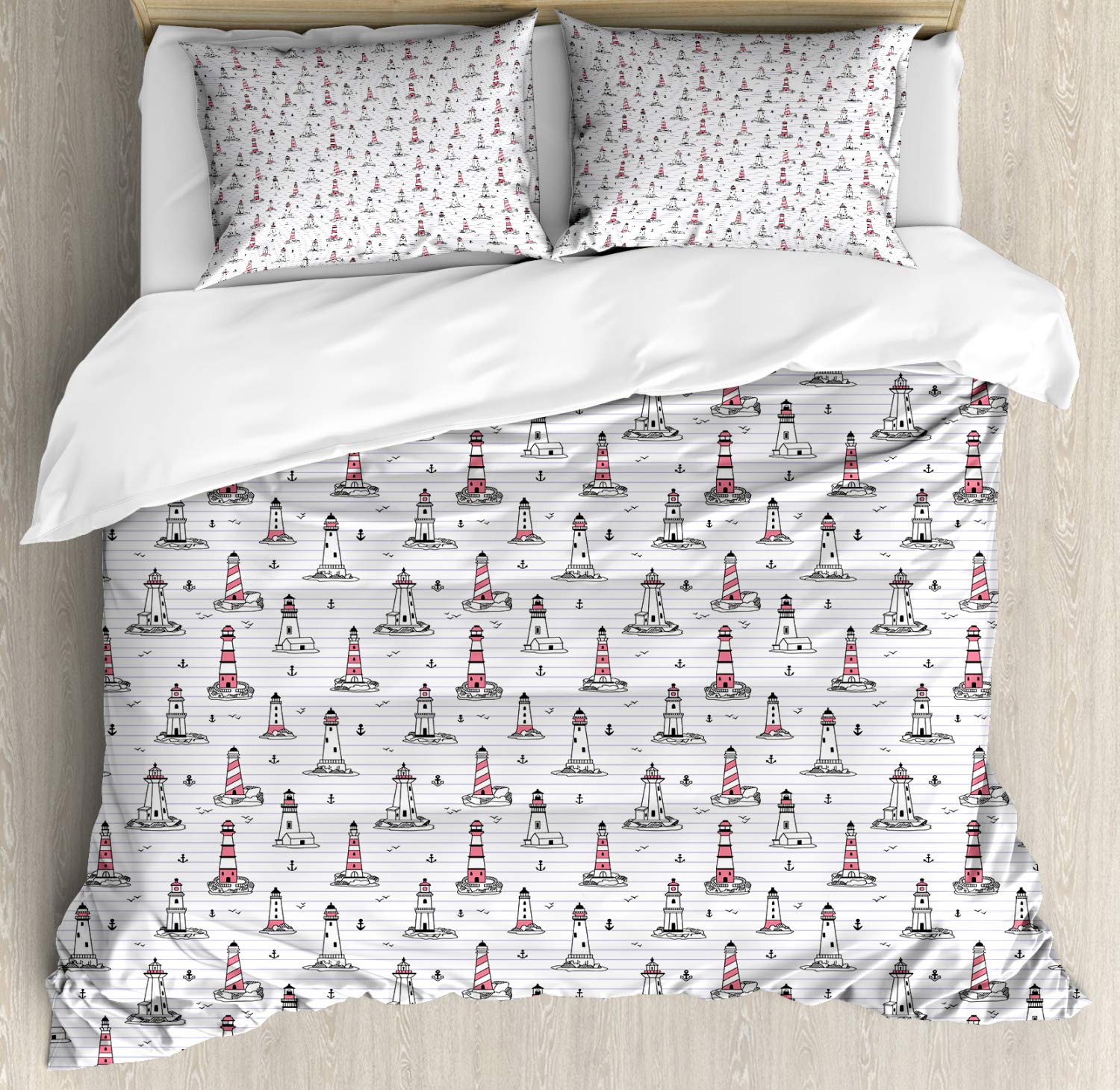 Ambesonne Lighthouse Duvet Cover Set - Nautical Notebook Pattern with Seagulls & Anchors Doodle Design | 3-Piece Decorative Bedding Set with 2 Pillow Shams | California King Size in Pink Lilac & Black | Perfect for Coastal, Beach House or Nautical Theme Bedrooms