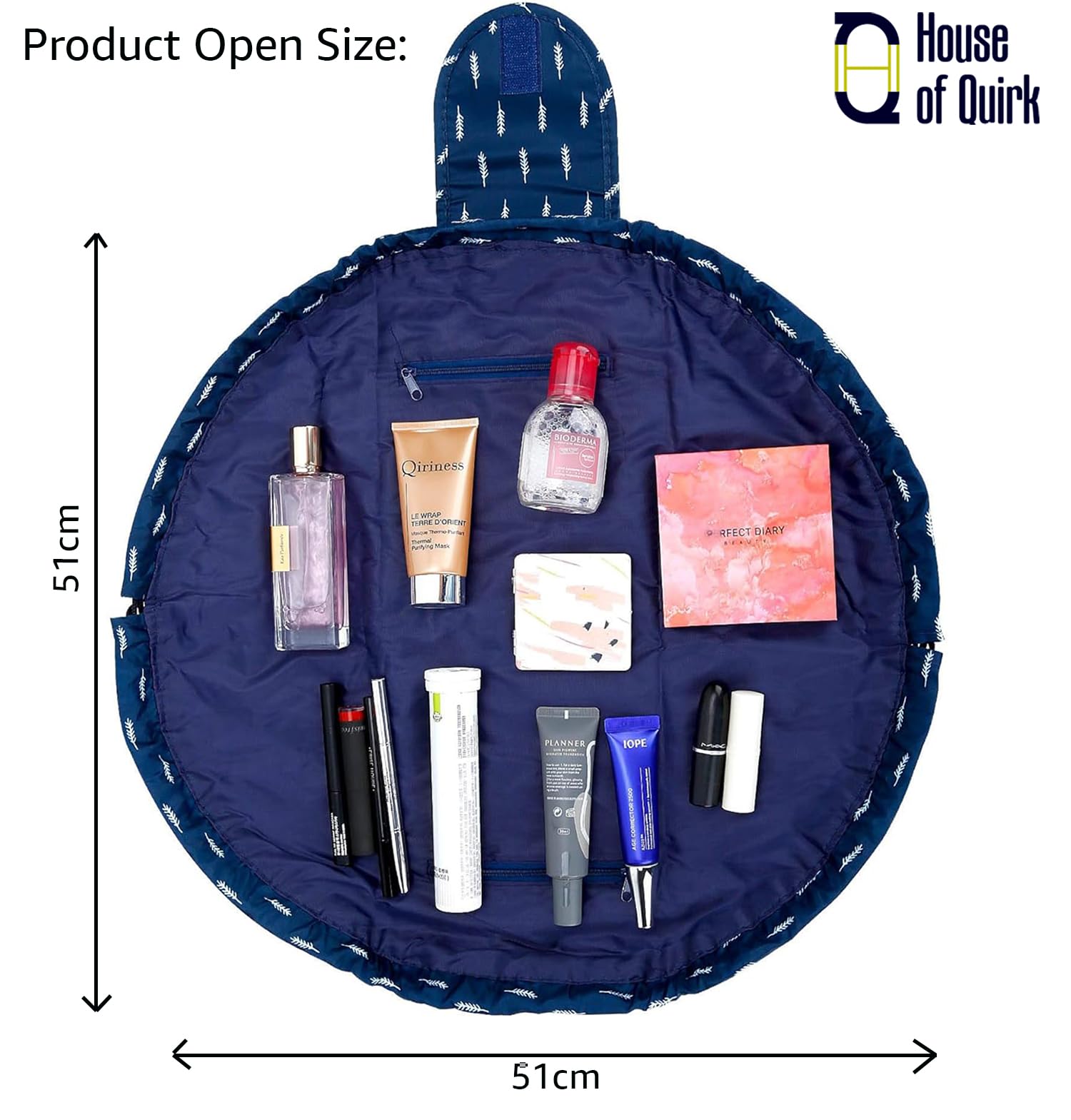 House of Quirk Multifunctional Drawstring Makeup Pouch - Cosmetic & Toiletry Organizer Bag for Women (Dark Blue Leaf) - Perfect for Travel, Gym & Daily Essentials Storage