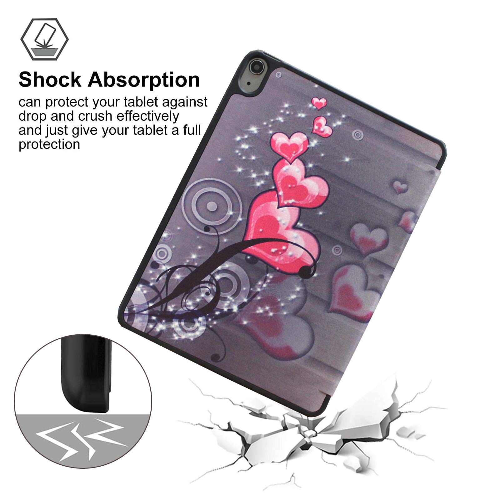 Shockproof Trifold Stand Smart Case for iPad Air 5th Gen 2022 & 4th Gen 2020 (10.9 inch) - Protective Cover for Models A2588/A2589/A2591/A2316/A2324/A2072 with Heart Flower Design | Perfect for Work, Study & Travel
