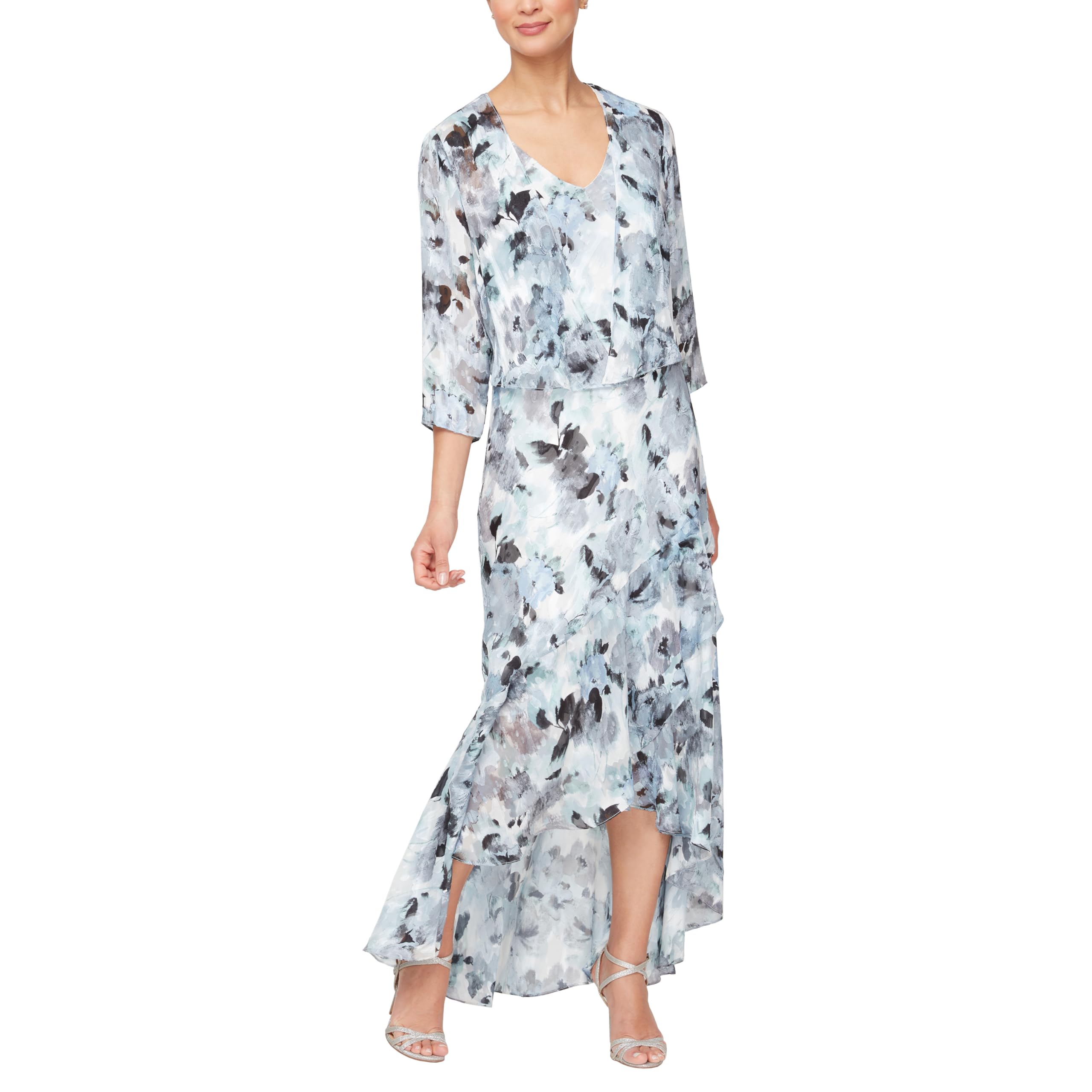 Alex Evenings Women's Sleeveless Printed Chiffon Midi Dress with Jacket - Mother of The Bride Spring/Summer Formal Gown with High-Low Hemline - Perfect for Weddings, Cocktail Parties & Special Occasions