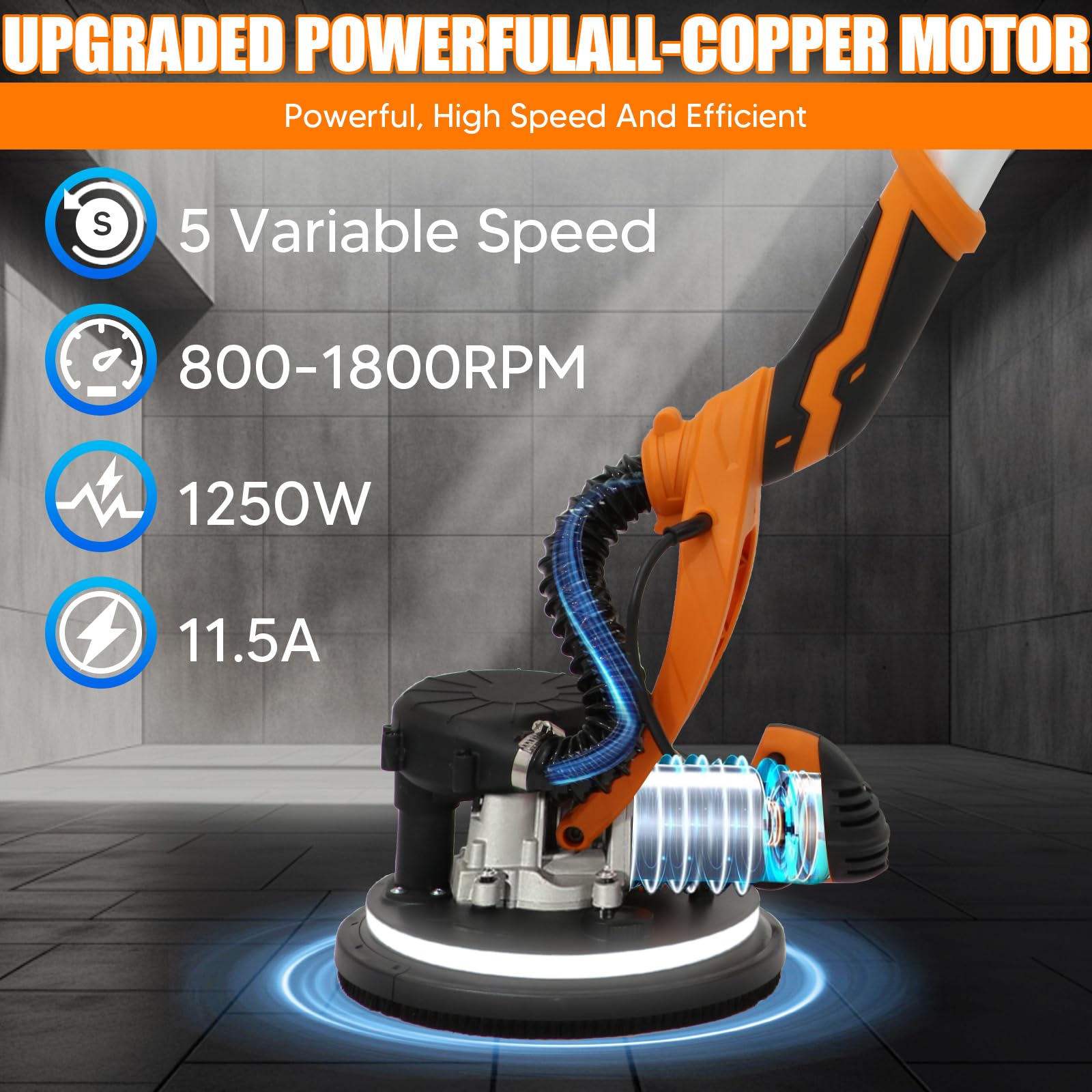 1250W Electric Drywall Sander with Vacuum - 11.5 Amp, 5-Speed Adjustable (800-1800 RPM) | Telescopic Handle with LED Light | Dust Collection Bag & 6.6ft Hose | Perfect for Drywall Repair, Ceiling Sanding & Home Renovation Projects