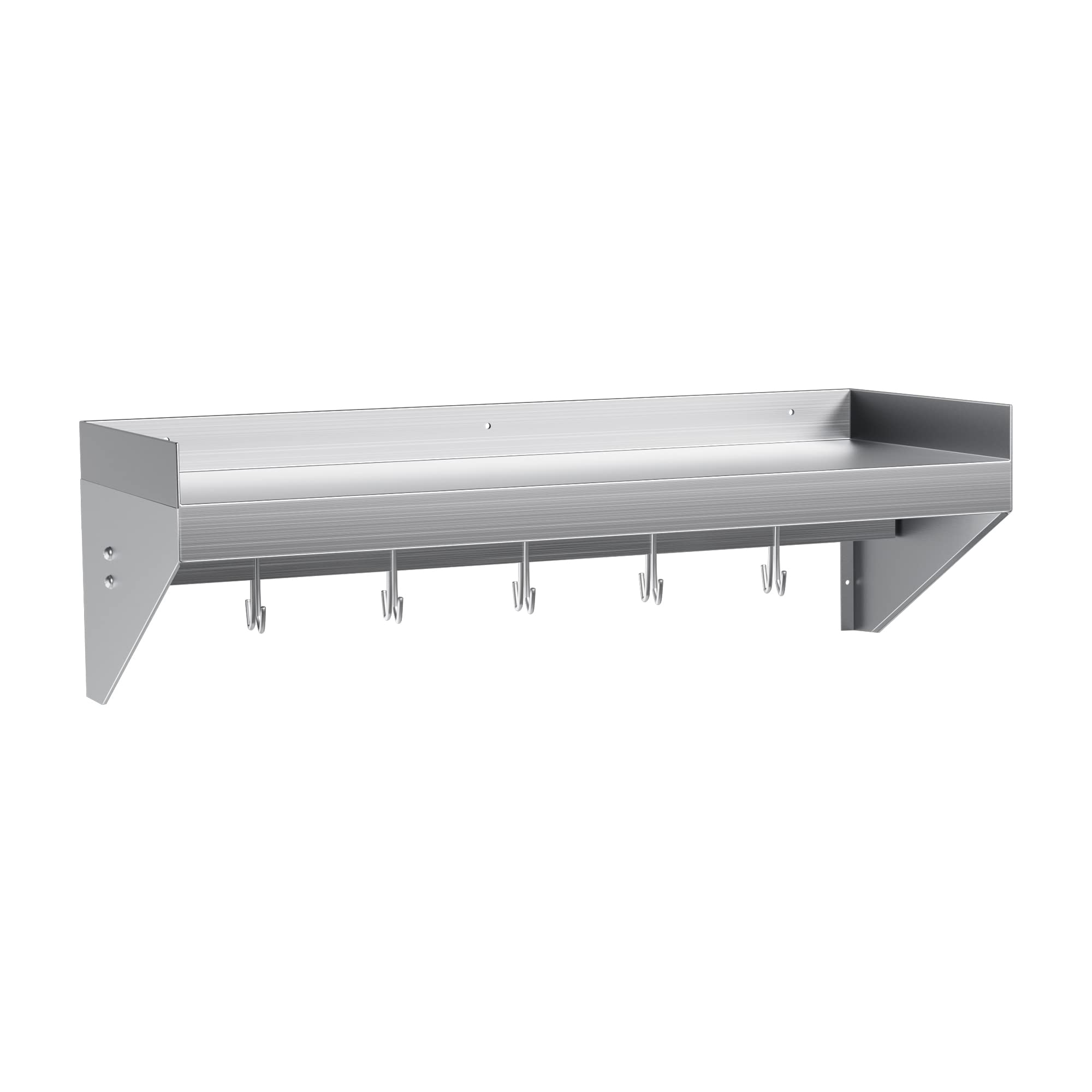 Stainless Steel Wall Shelf 36x14 Inch - Heavy Duty Metal Floating Shelf with 5 Hooks for Kitchen, Bathroom, Laundry Room - Wall Mounted Storage Rack for Pots, Spices, Towels - Perfect for Home, Restaurant, Bar & Food Truck Organization