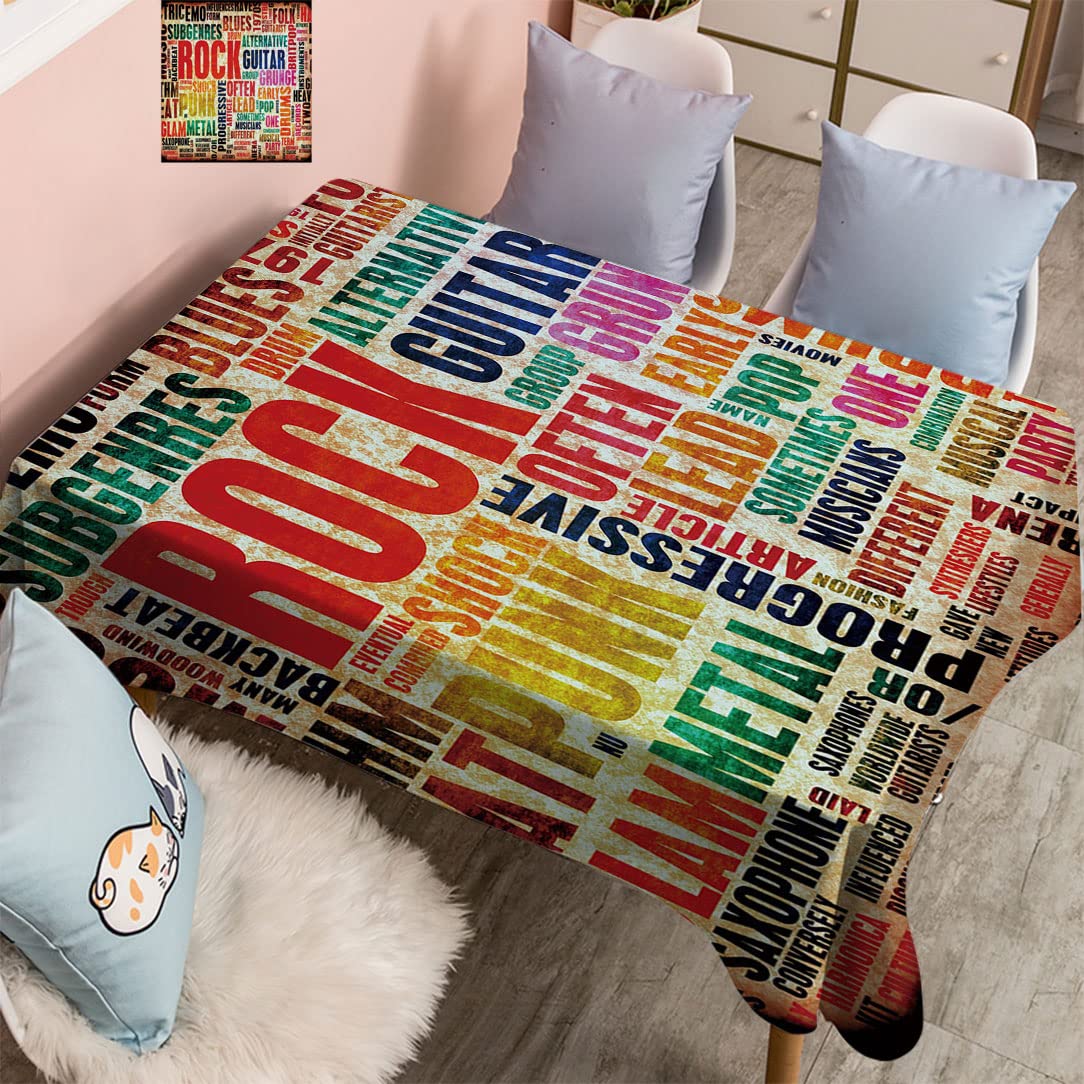 Retro Music Themed Tablecloth with Rock Symbols & Lettering - 50x80 Inches Decorative Party Table Cover for Kitchen, Dining Room & Events