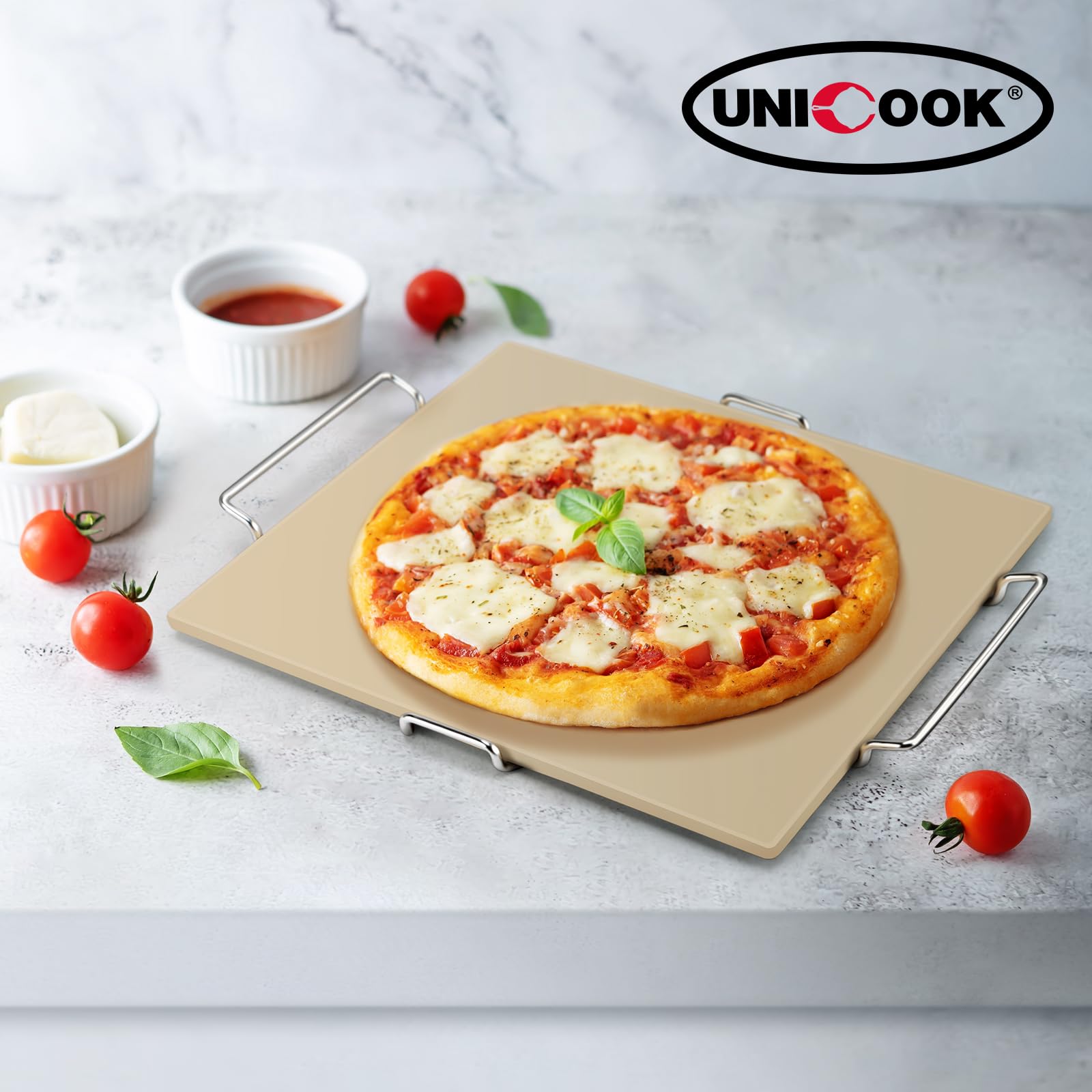 Unicook 16 x 14 Inch Cordierite Pizza Stone for Oven & Grill - Rectangular Baking Stone for Bread, Pizza, Cookies - Includes Carry Rack & Dough Scraper - Perfect for Home Baking, Outdoor BBQ & Restaurant Use