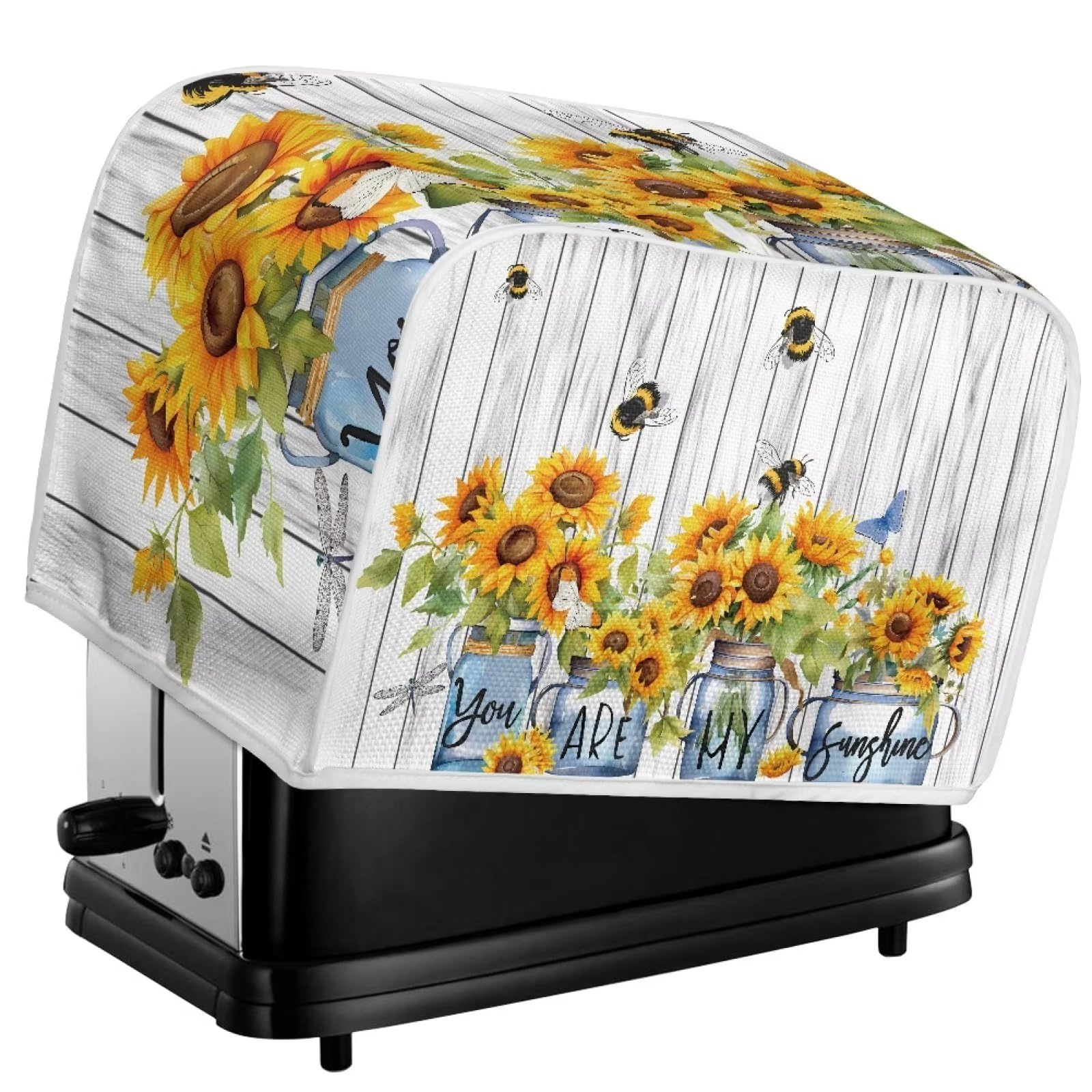 Sunflower Toaster Cover for 4-Slice Toaster Oven - Farmhouse Style Kitchen Appliance Cover with Bee & Wooden Stripes Design, Polyester Dust Protector for Bread Machine - Perfect for Rustic Kitchens & Summer Decor