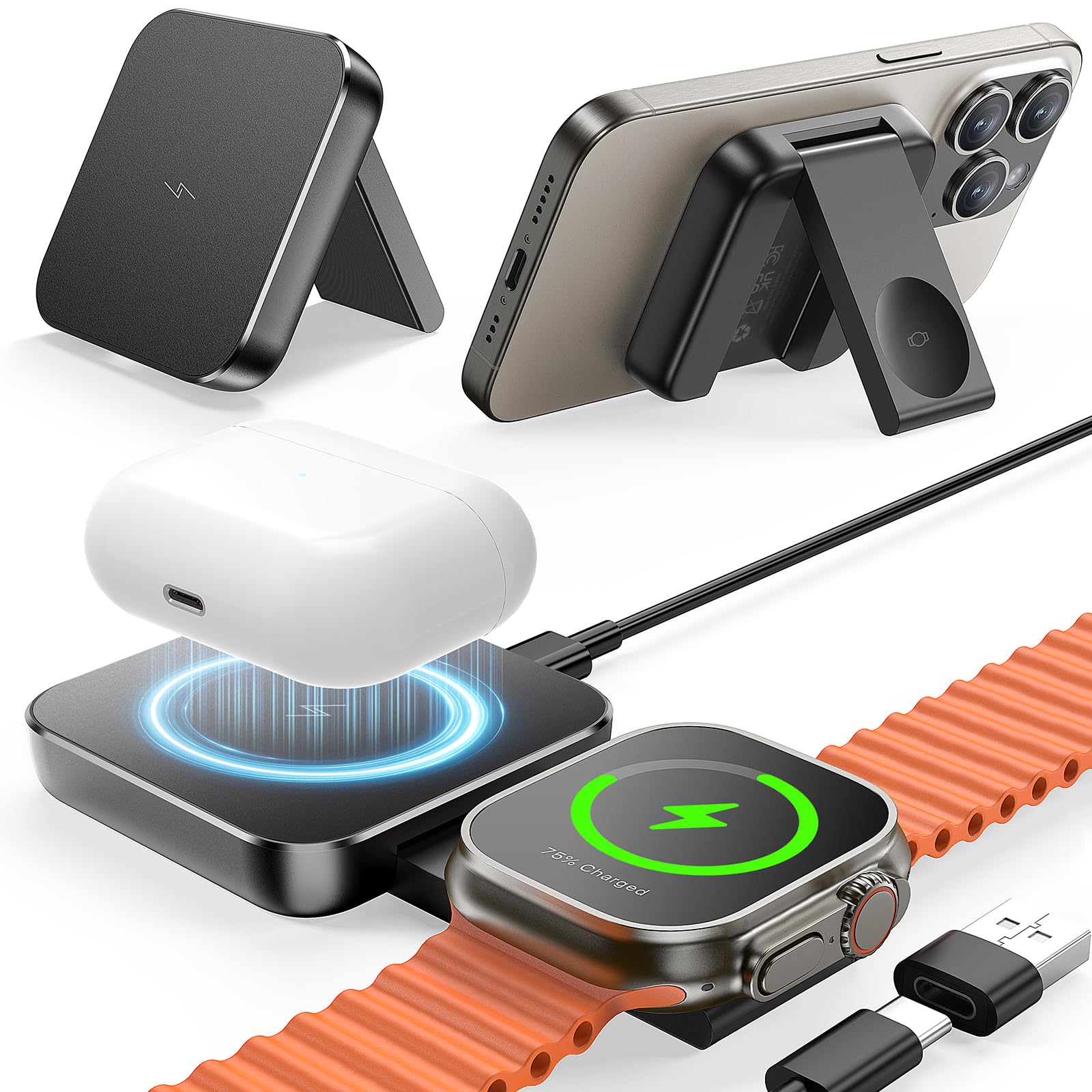 MOKPR 3-in-1 Magnetic Wireless Charging Stand - Adjustable Fast Charger for iPhone 16/15/14/13/12 Series, AirPods 3/2/Pro & Apple Watch | MagSafe Compatible Charging Station | Perfect for Nightstand, Office Desk & Travel