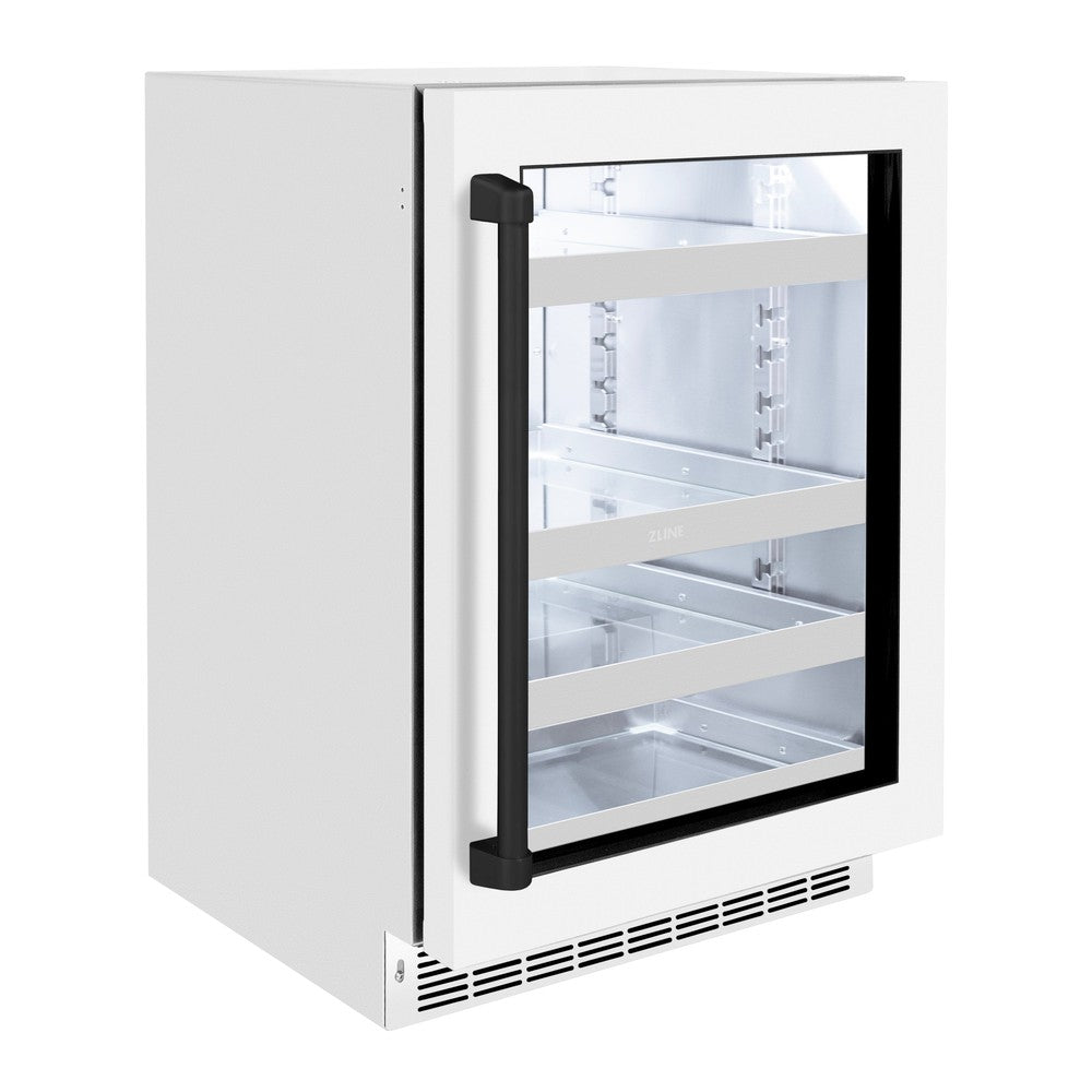 ZLINE Autograph Edition 24 Inch Touchstone 151 Can Beverage Refrigerator - White Matte Glass Door with Matte Black Handle - Compact Drink Cooler for Home Bar, Office, or Man Cave (RBSOZ WM 24 MB)