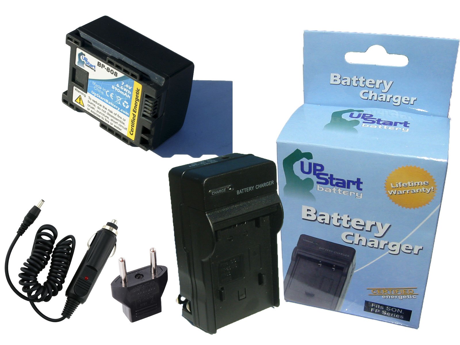 Canon FS100 Replacement Battery & Charger Kit with Car Plug & EU Adapter - 890mAh 7.4V Lithium-Ion Compatible with Canon BP-808 Digital Camcorder - Perfect for Travel, Vlogging & Outdoor Filming