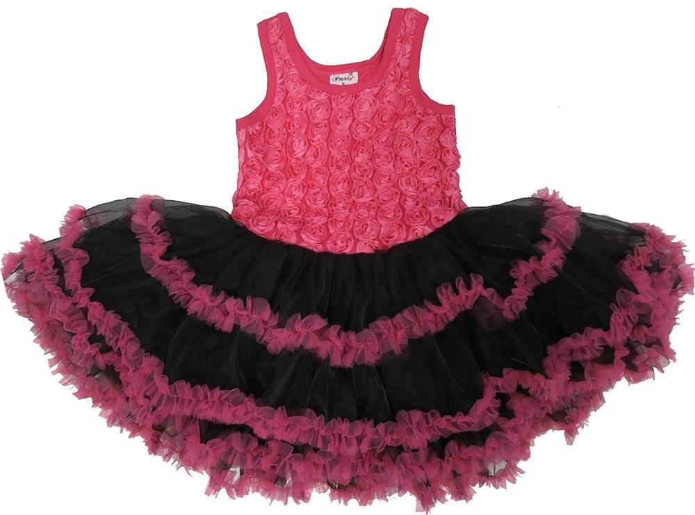 Wenchoice Girls Hot Pink & Black Rose Ruffle Dress - Elegant Party Outfit for Birthday, Wedding & Special Occasions